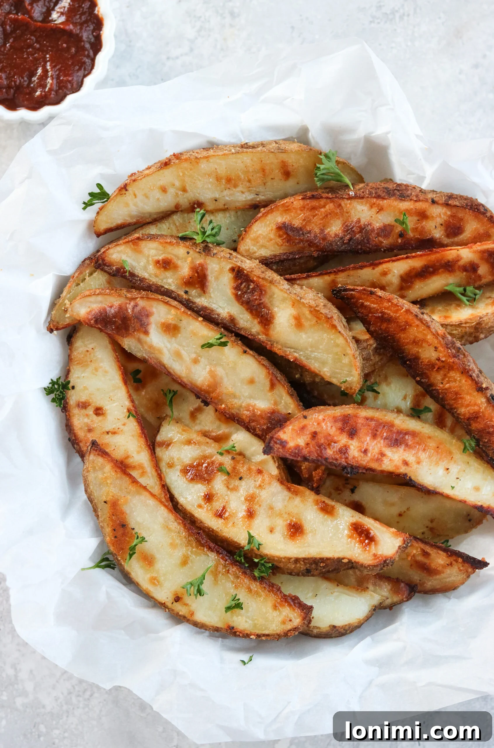 Platter of golden crispy baked potato wedges with a small bowl of dipping sauce on the side.