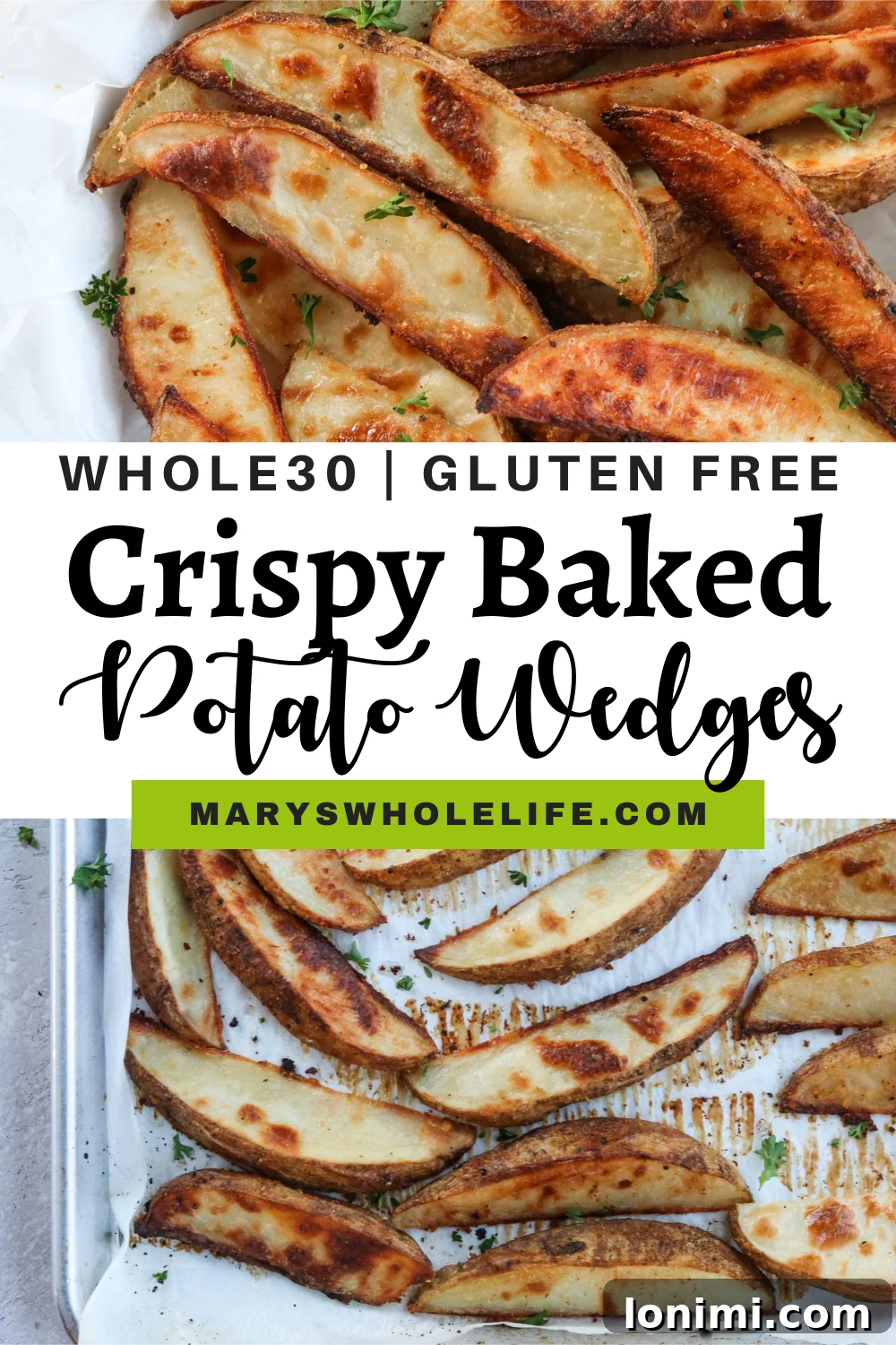 A collage featuring different images of crispy baked potato wedges and text overlays of recipe details.