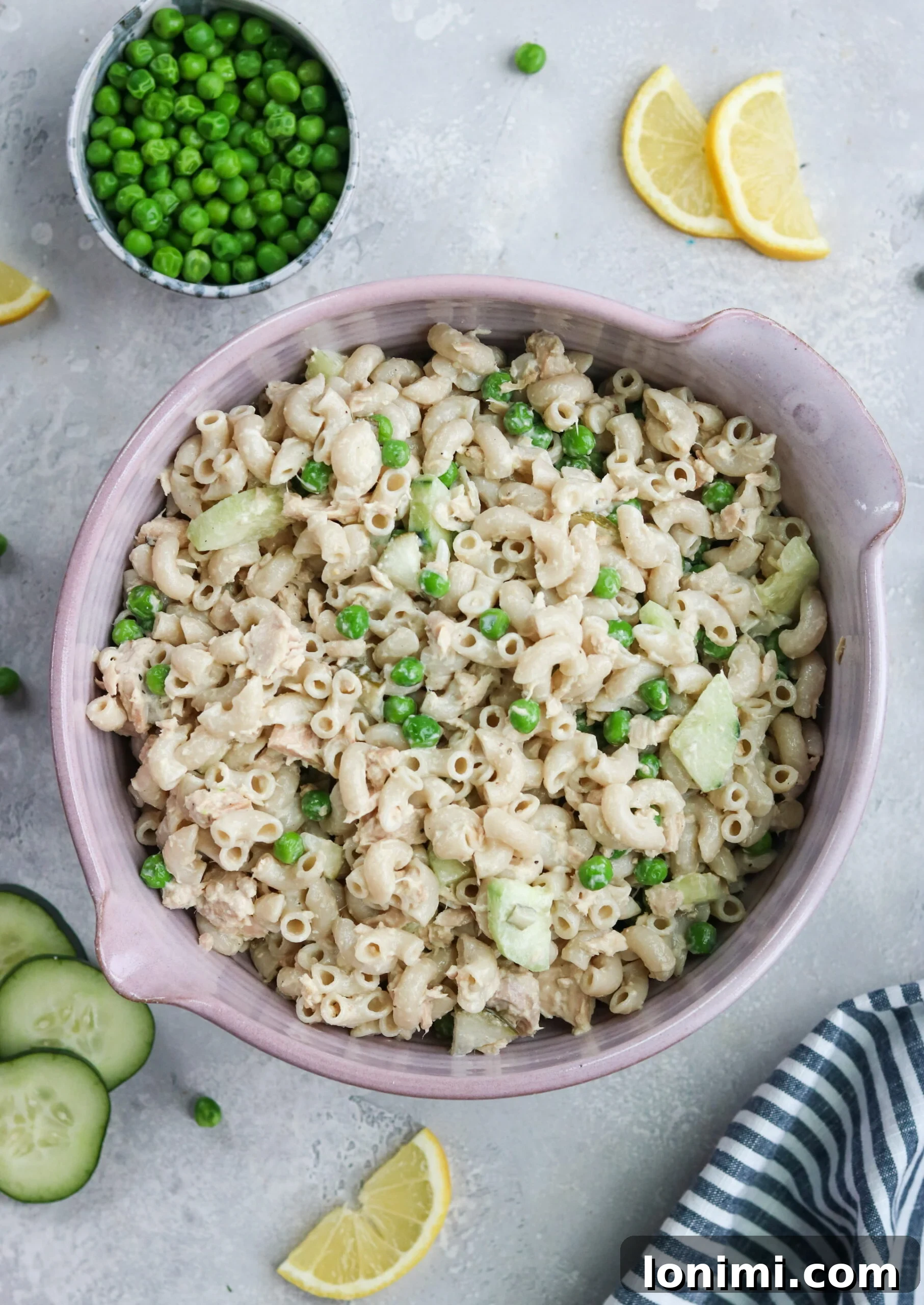 macaroni with peas, tuna, and cucumber