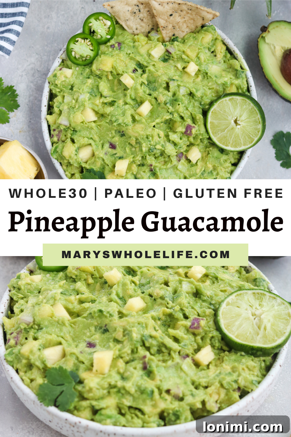 A collage of images featuring vibrant Paleo Pineapple Guacamole ingredients and final dish