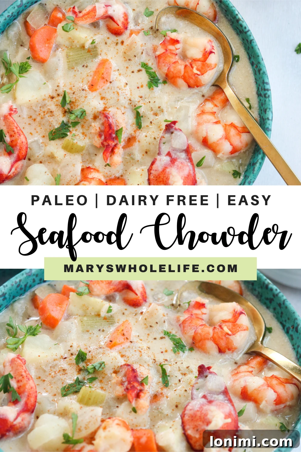 Two bowls of Seafood Chowder Two cozy bowls of creamy Paleo Seafood Chowder, garnished with fresh parsley, invitingly placed on a textured surface, ready for a delicious meal.