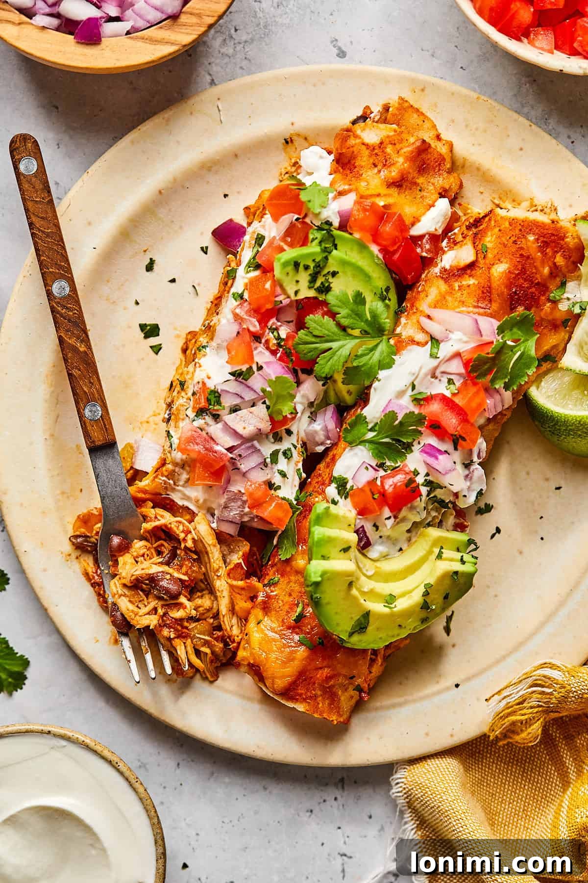 Weeknight Chicken and Black Bean Enchiladas 11 A single serving of chicken and black bean enchiladas beautifully presented on a plate, garnished with fresh avocado and salsa, with a fork resting beside it.