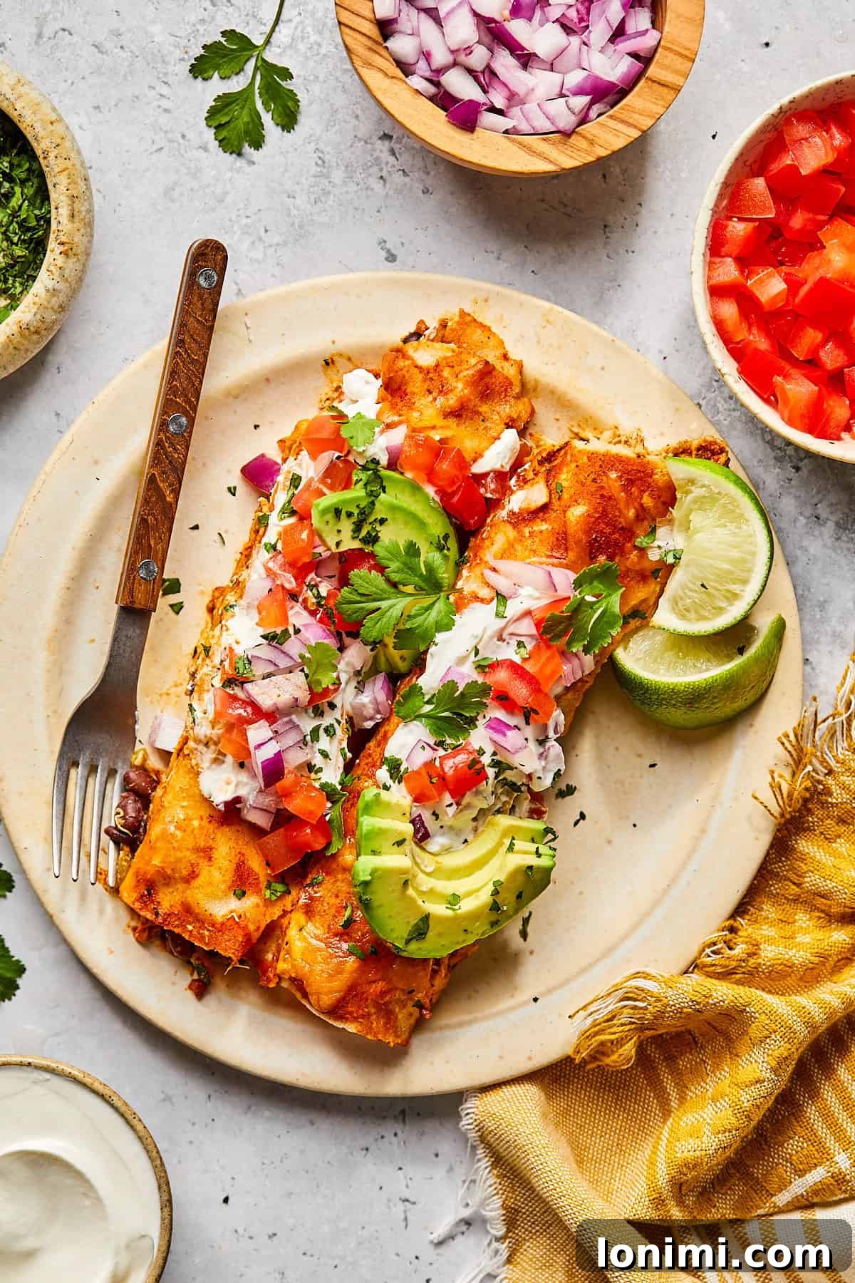 Weeknight Chicken and Black Bean Enchiladas 9 Two perfectly portioned chicken and black bean enchiladas served on a pristine white plate, garnished with vibrant salsa and creamy avocado slices, ready to be enjoyed.