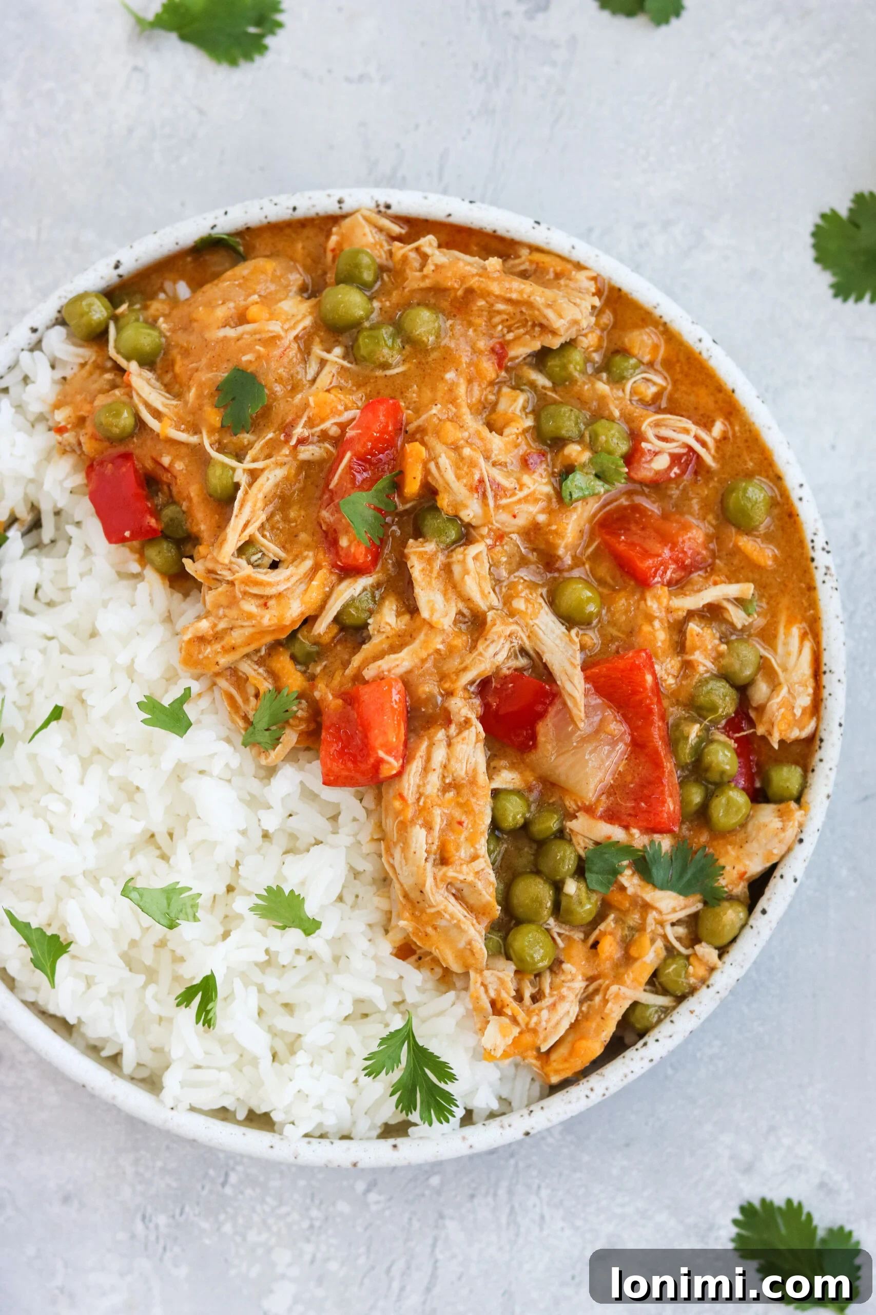 Rich and Creamy Chicken and Sweet Potato Curry Close-up shot of Instant Pot Chicken and Sweet Potato Curry with rice and fresh herbs.