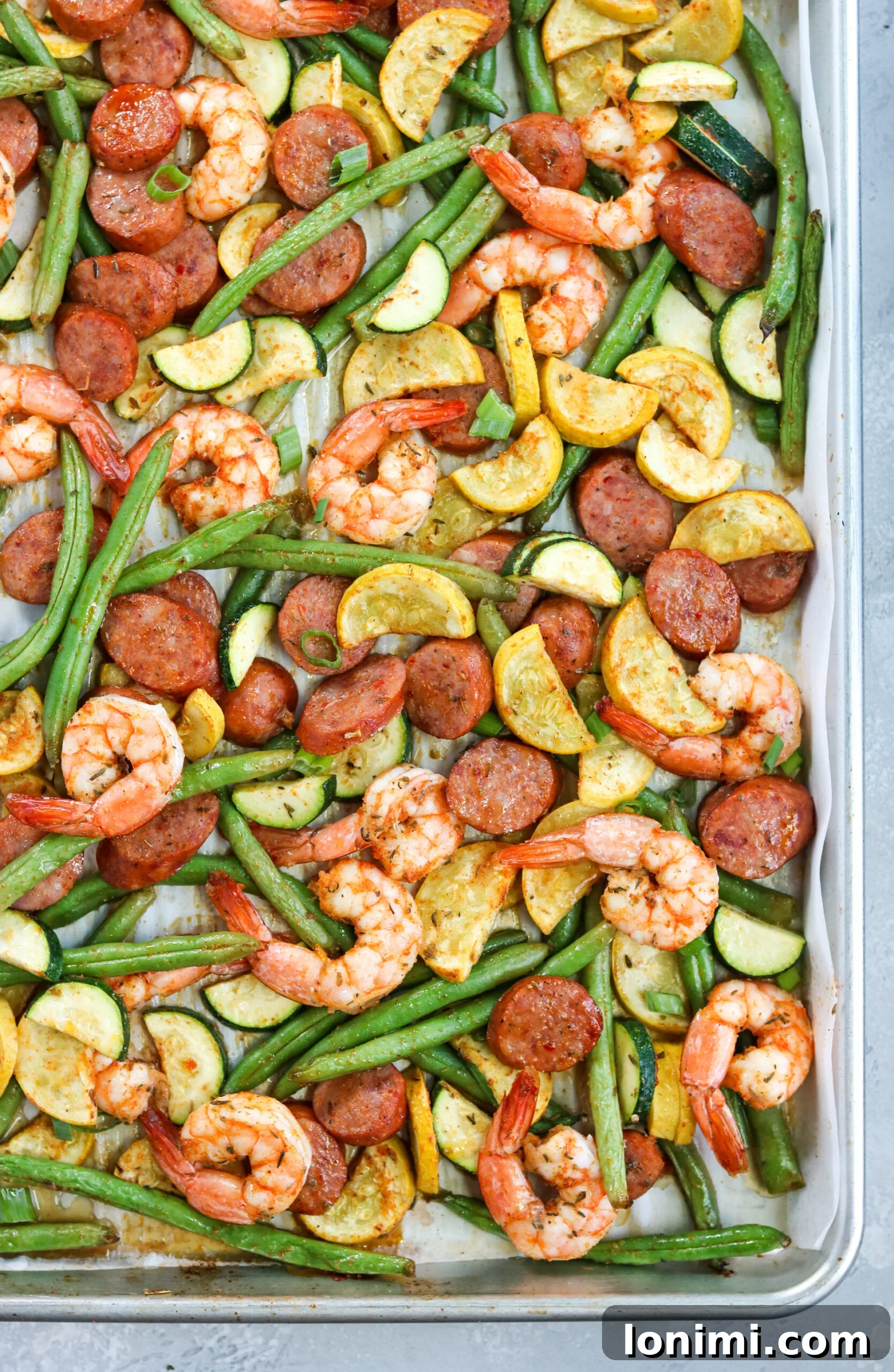 top view of Cajun Shrimp Sausage Sheet Pan