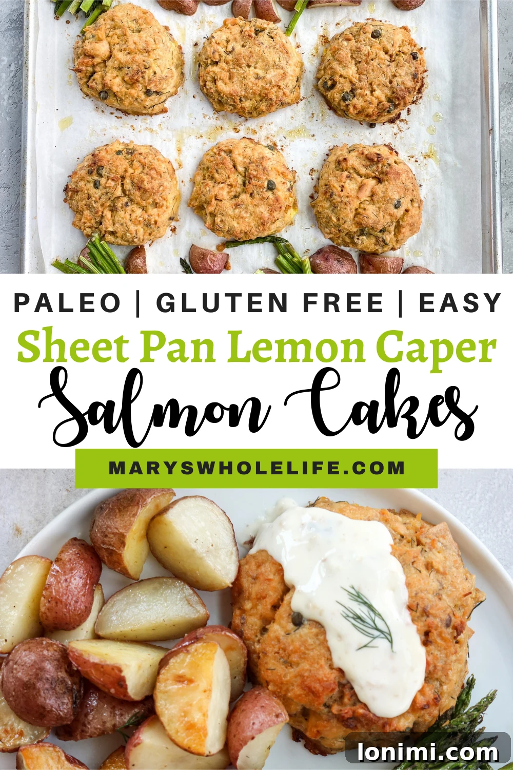 collage of salmon cakes and text title of blog post A vibrant collage featuring close-ups of Lemon Caper Salmon Cakes, crispy potatoes, and fresh asparagus, with a textual title.