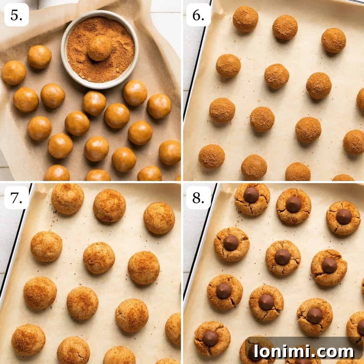 Foolproof Gluten Free Peanut Butter Blossoms 5 steps 5 through 8 for making gluten free peanut butter blossoms
