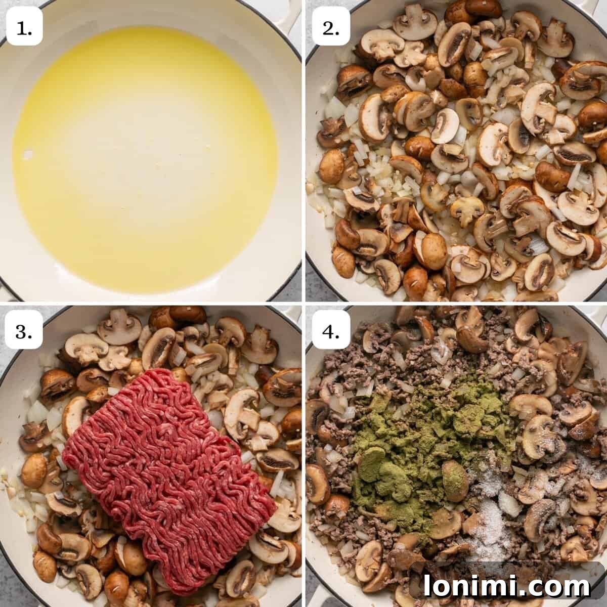 The initial four steps of making hamburger helper stroganoff, showing ingredients being sautéed in a pot.