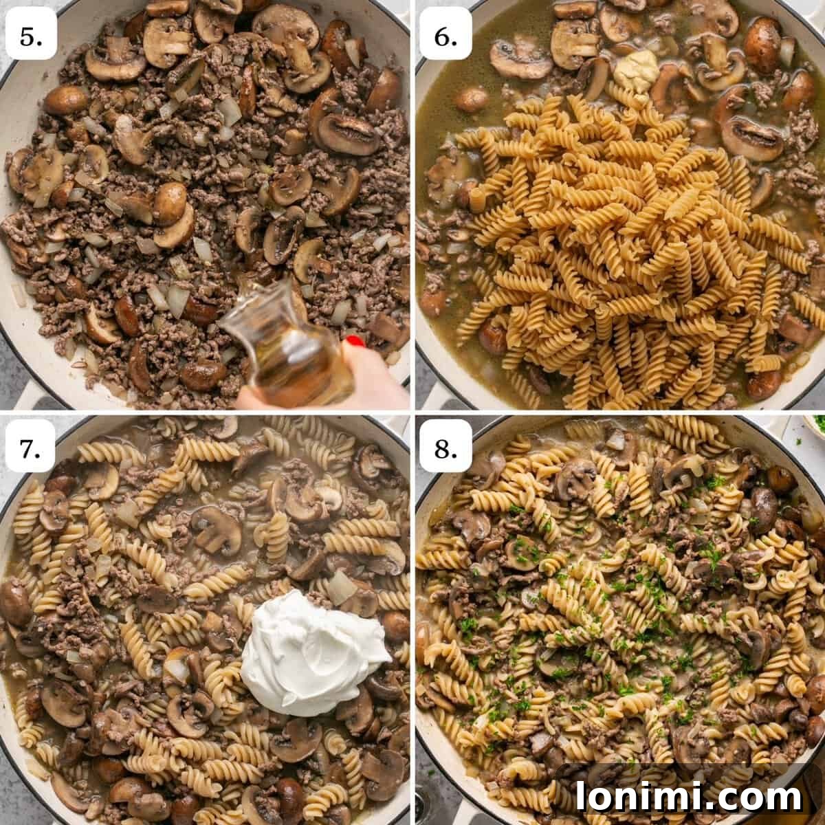 Steps 5-8 for making ground beef stroganoff, including adding liquids and stirring in sour cream.