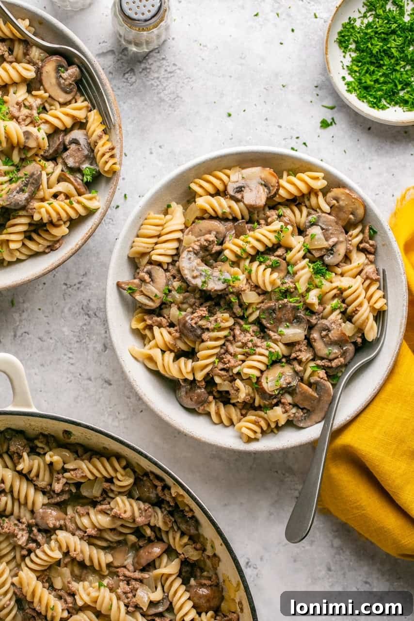 Two bowls of hamburger helper stroganoff with spoons, ready to be eaten.
