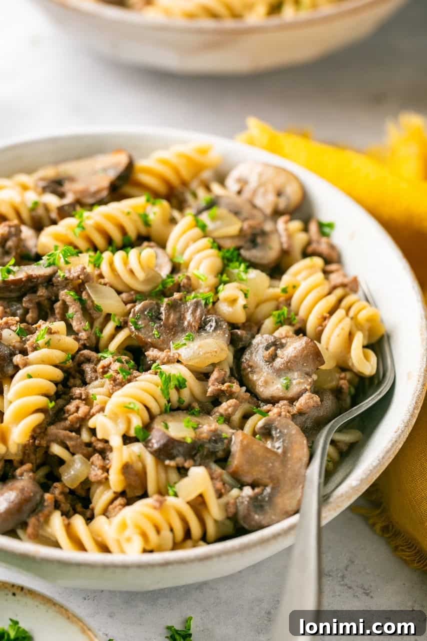 A close-up, side view of a bowl of ground beef stroganoff with a metal spoon, showcasing its creamy texture.