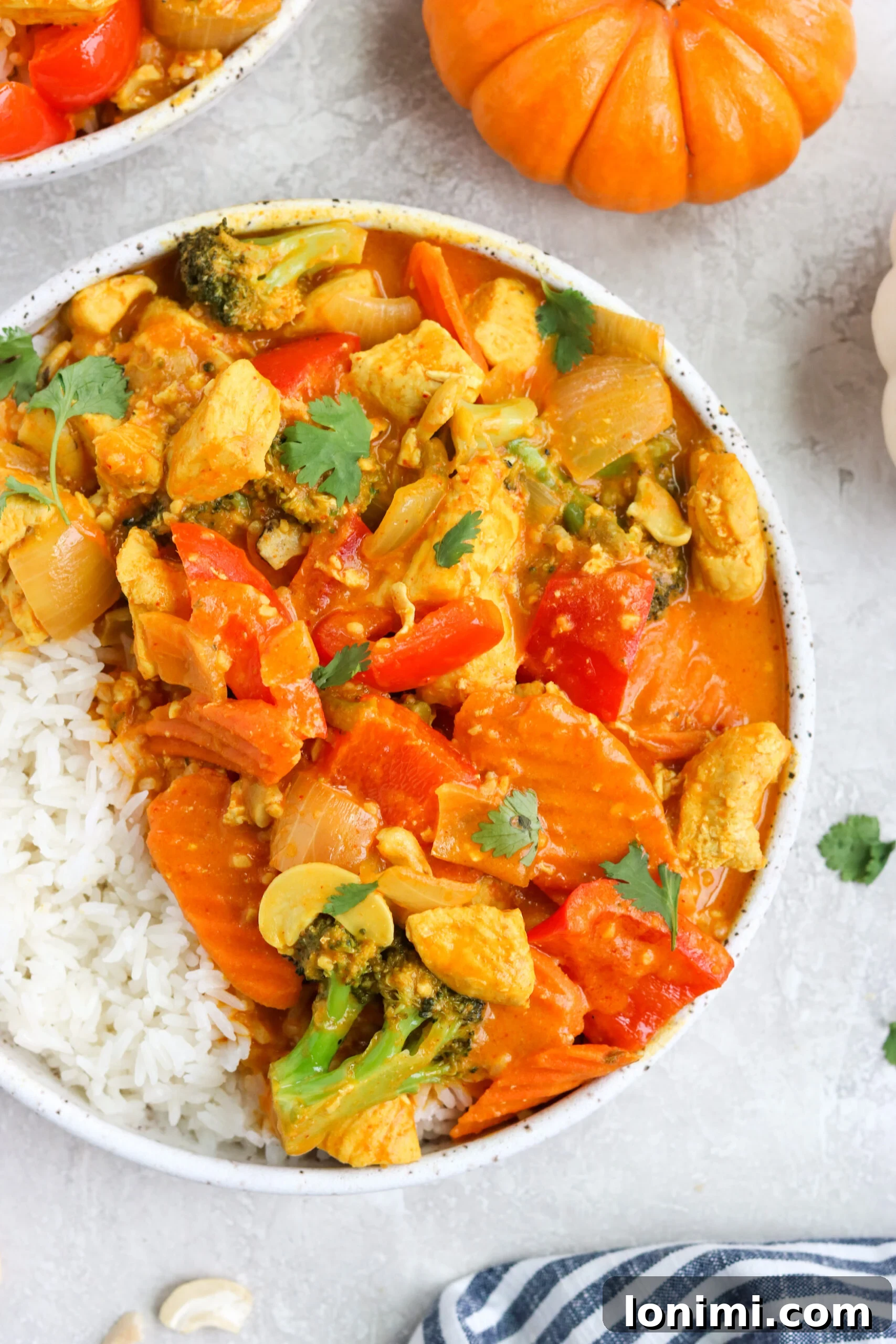 Pumpkin Chicken Curry Creamy pumpkin chicken curry served in a white speckled bowl with white rice on a light background, garnished with fresh cilantro.