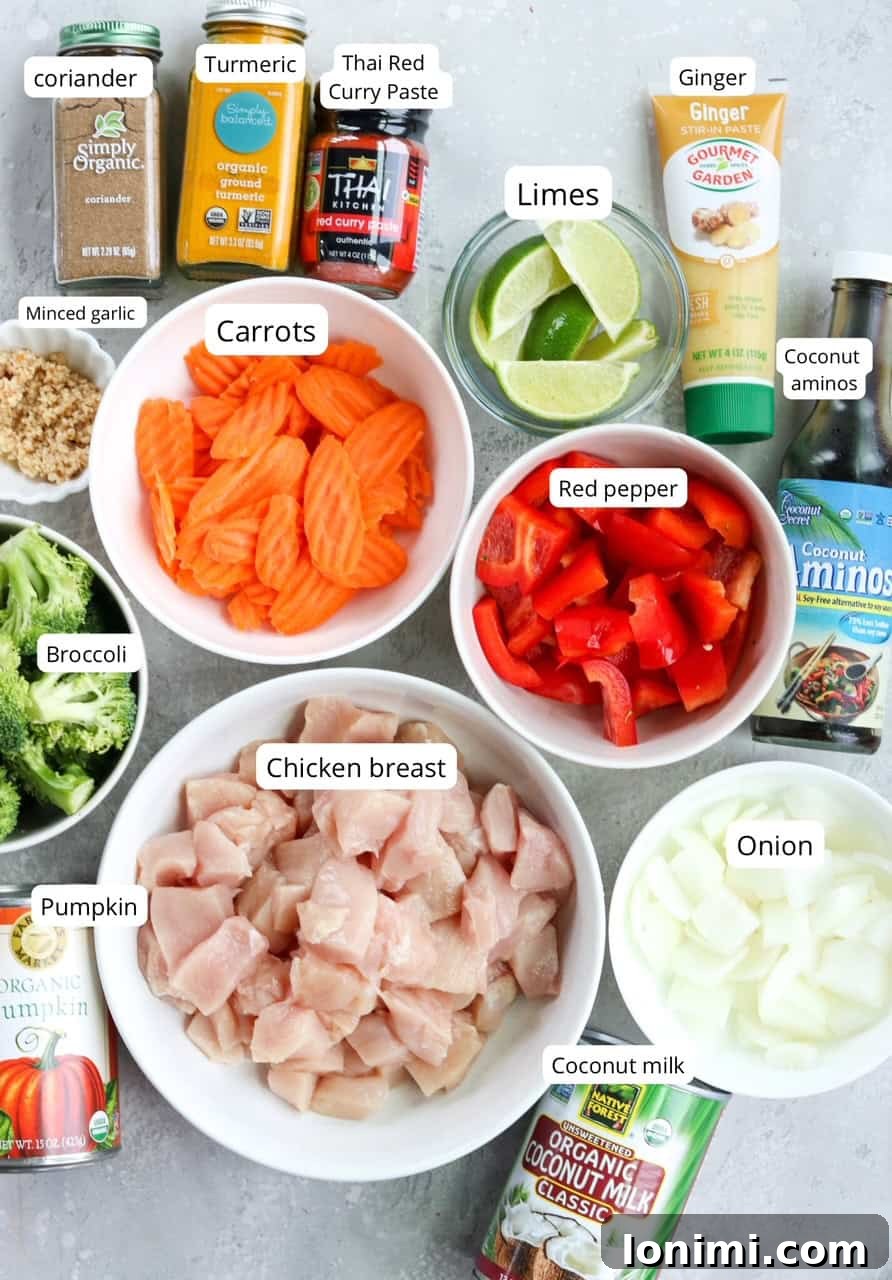 Golden Thai Pumpkin Chicken Curry 2 A collection of fresh ingredients for pumpkin chicken curry, including chicken breast, red bell pepper, broccoli, onion, garlic, ginger, pumpkin puree, coconut milk, and various spices.