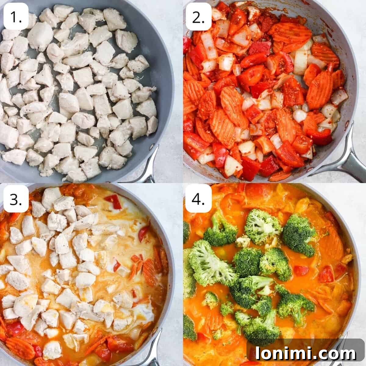 Golden Thai Pumpkin Chicken Curry 3 A visual collage illustrating the four main stages of preparing pumpkin chicken curry: cooking chicken, sautéing vegetables, combining curry paste, and simmering the sauce.