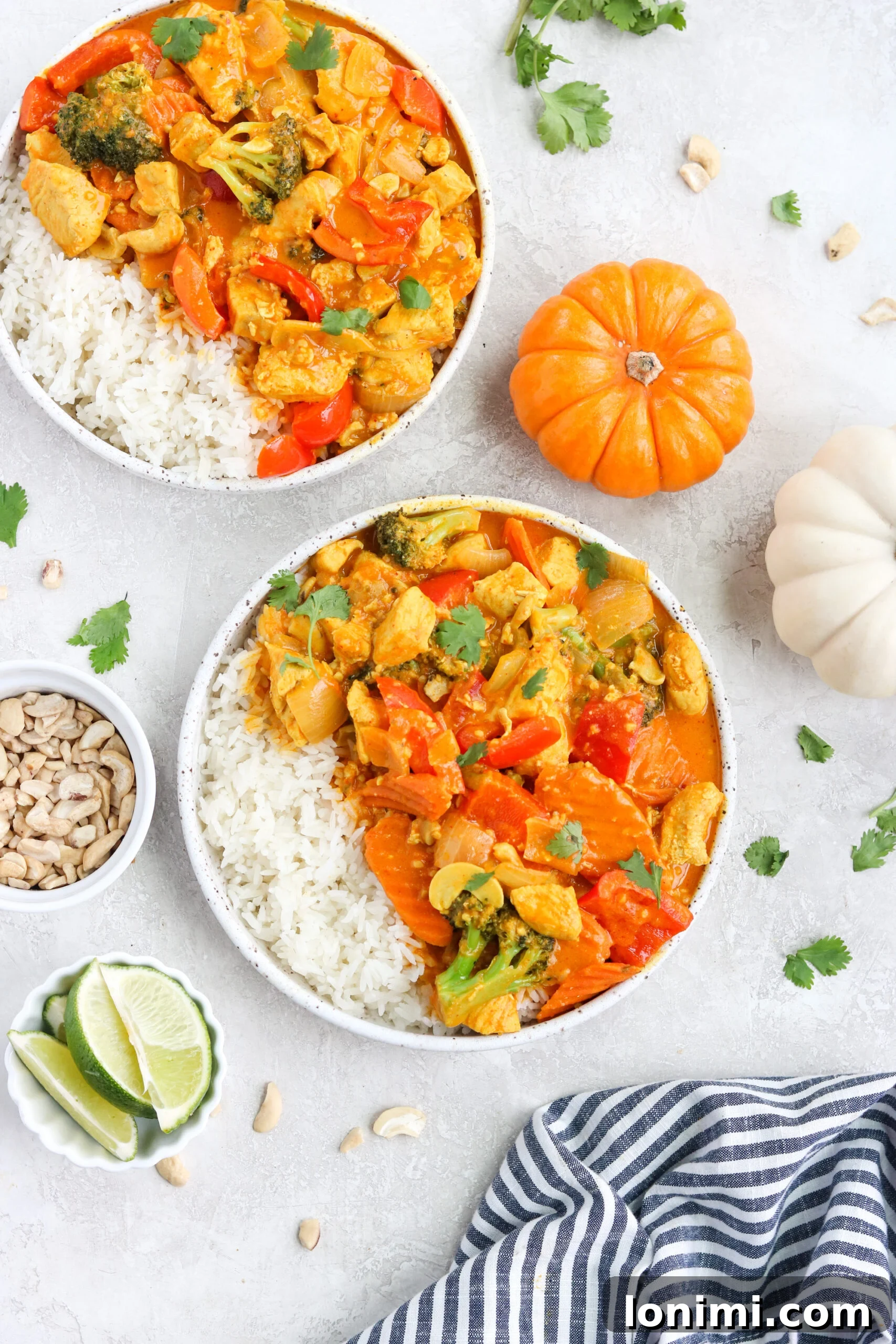 Golden Thai Pumpkin Chicken Curry 4 An overhead shot of two inviting bowls of pumpkin chicken curry, beautifully served over fluffy white rice and garnished with fresh cilantro.