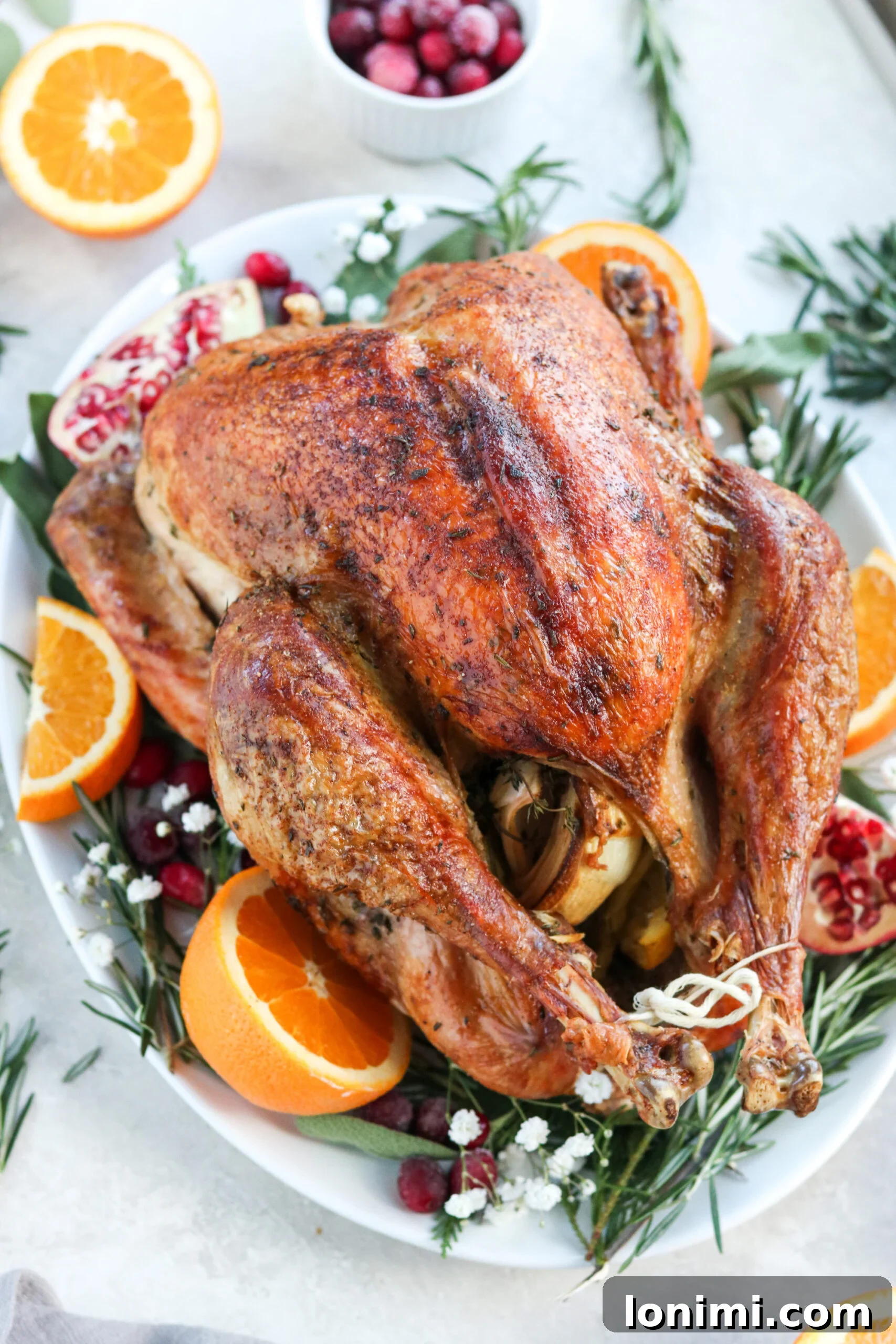 A perfectly browned roasted Thanksgiving turkey, basted with dairy-free garlic herb butter, ready to be served.