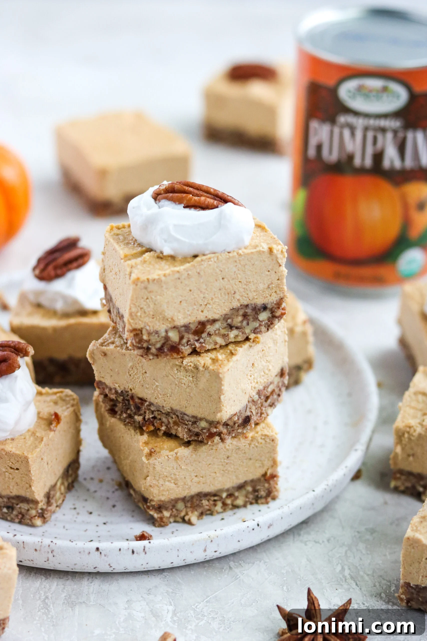 pumpkin cheesecake filling layered on top of a praline almond flour crust with a dollop of dairy free whipping cream and a praline on top