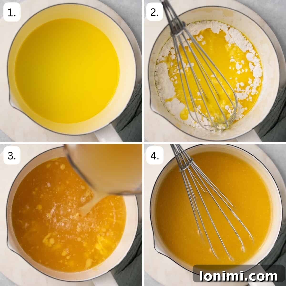 A four-panel collage illustrating the step-by-step process of making gluten-free gravy: melting fat in a saucepan, whisking in tapioca flour to form a roux, adding chicken broth and whisking until thickened, and finally, serving the finished gravy.