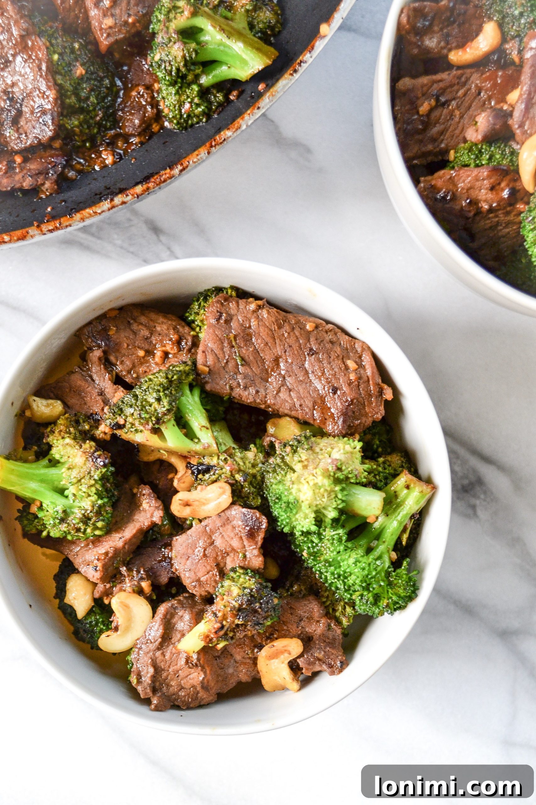 Close-up of the Whole30 Beef and Broccoli with Cashews, showcasing the tender beef, crisp broccoli, and golden cashews.