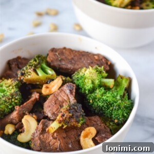 Finished Beef & Broccoli with Cashews served on a plate.