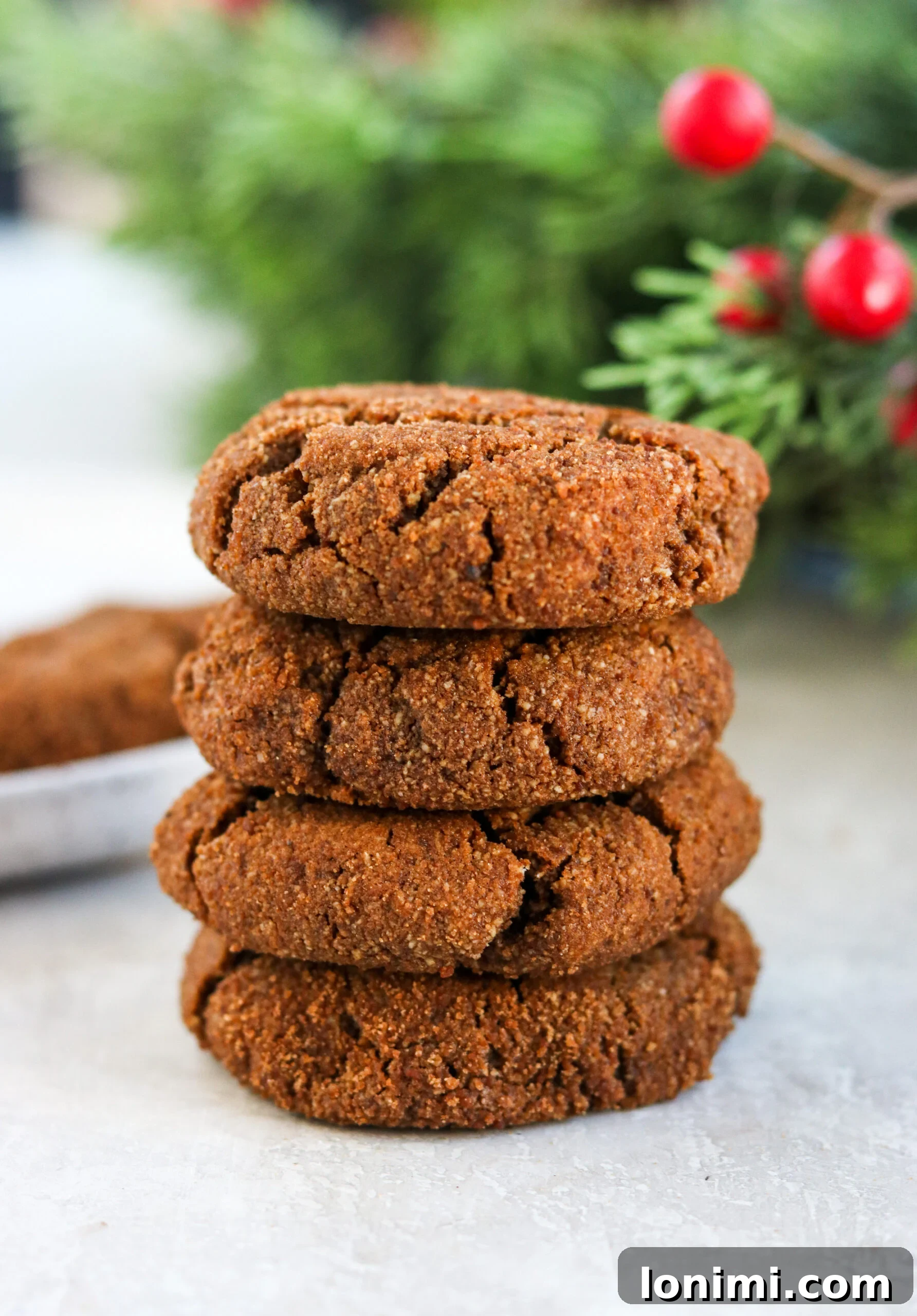 Effortless Gluten-Free Almond Flour Gingersnaps 2 four gluten-free gingersnaps stacked on top of each other, showcasing their cracked tops and soft texture.