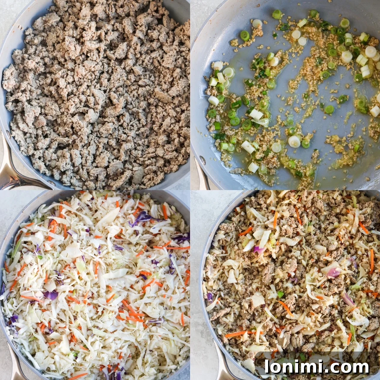 A visual step-by-step guide showing four quadrants, illustrating the key stages of preparing the keto egg roll in a bowl recipe: browning the meat, sautéing aromatics, adding vegetables, and finally, combining with the sauce.