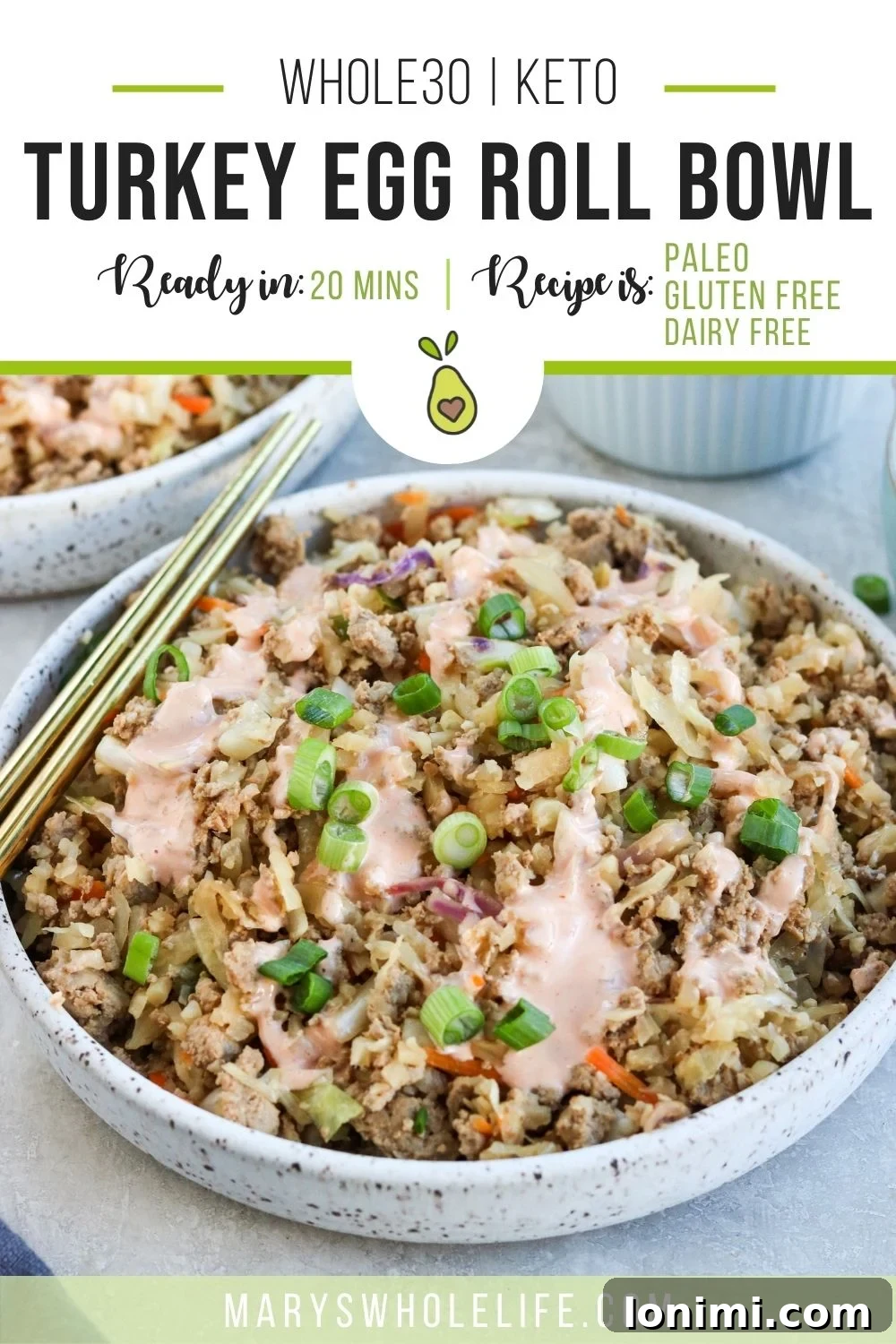 A beautifully composed Pinterest image for the Healthy Keto Egg Roll in a Bowl recipe, featuring the finished dish in an appealing setting, designed for easy saving and sharing.