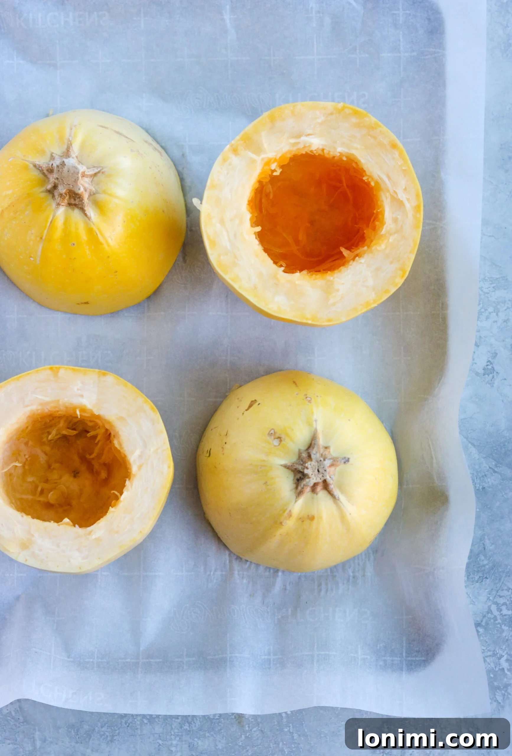 Guilt-Free Buffalo Chicken Spaghetti Squash Bake 4 A visual step-by-step guide illustrating how to properly cut a spaghetti squash vertically for longer strands, displayed on a baking sheet before roasting.