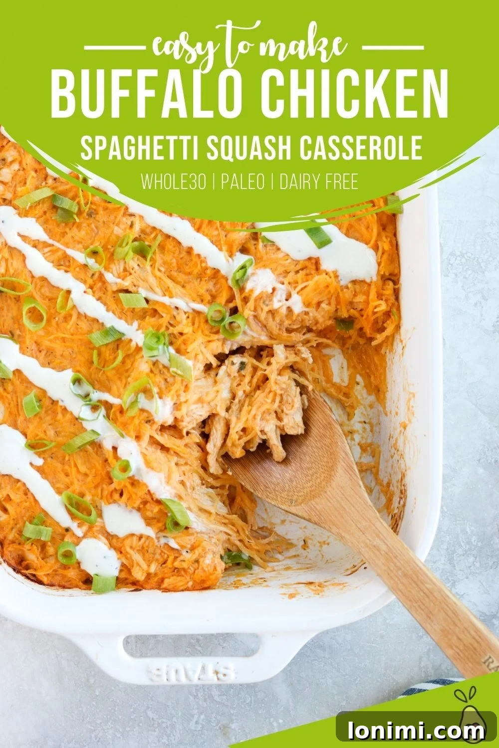 Guilt-Free Buffalo Chicken Spaghetti Squash Bake 6 Pinterest image featuring the Healthy Buffalo Chicken Spaghetti Squash Casserole, enticing viewers to save the recipe for future enjoyment, highlighting its healthy and delicious attributes.