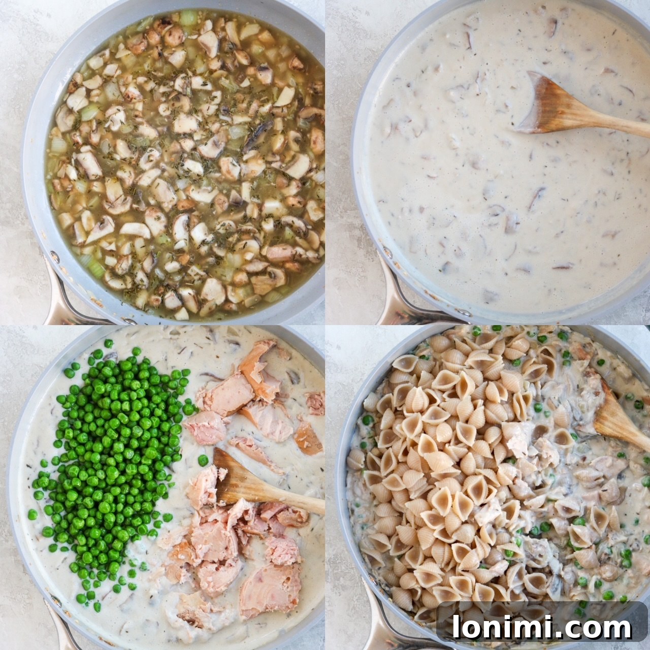 Wholesome Tuna Noodle Bake 4 Steps for making healthy tuna noodle casserole, showing ingredients sautéing, sauce blending, and combining.