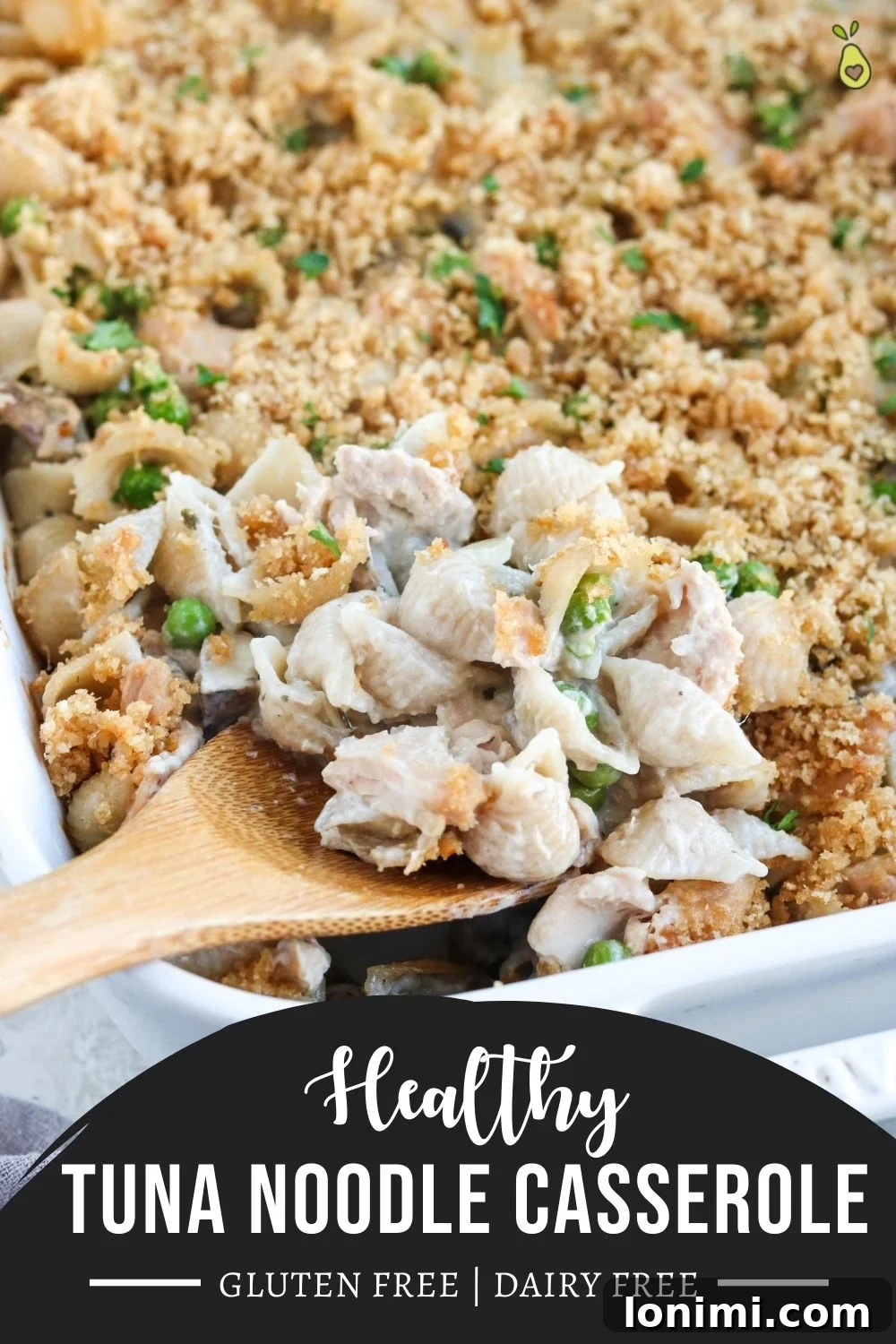 Wholesome Tuna Noodle Bake 7 Healthy tuna noodle casserole longpin for Pinterest, showing a beautifully baked dish ready to serve.