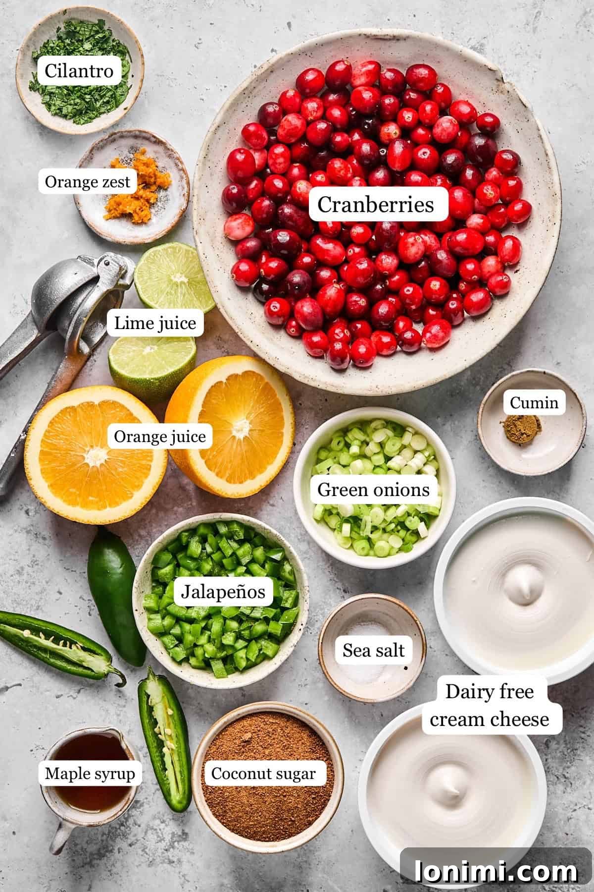 Dairy-Free Cranberry Jalapeno Dip: The Perfect Sweet Heat 3 ingredients for making dairy free cranberry jalapeno cream cheese dip in nesting bowls