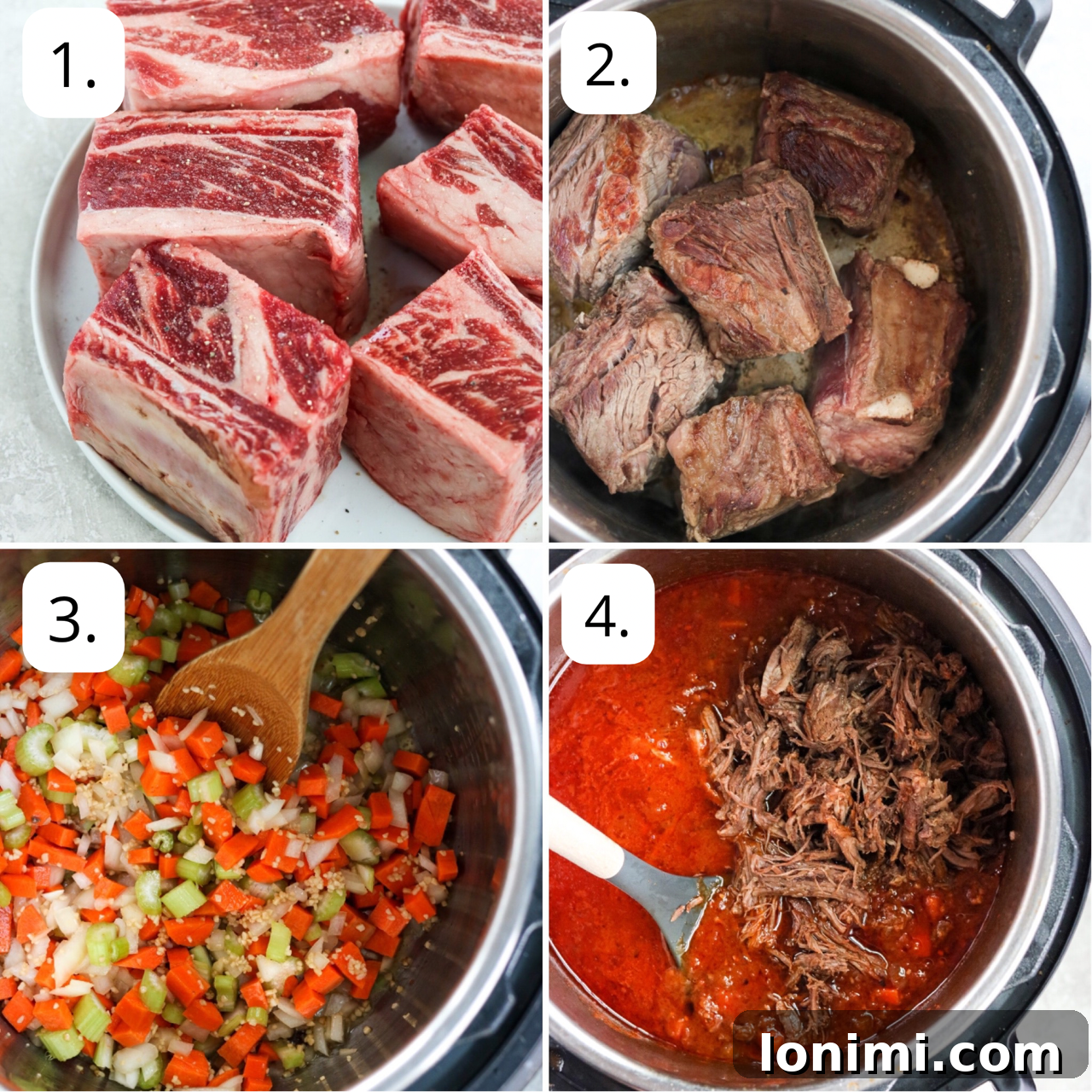 A collage of four photos illustrating the step-by-step process of making Instant Pot short rib ragu, from searing the ribs to sautéing vegetables and combining ingredients in the pot.