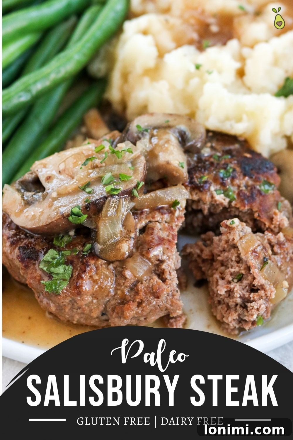 Grandma's Comfort Salisbury Steak with Savory Mushroom Gravy 12 Long pin image featuring Old-Fashioned Salisbury steak with mushroom gravy, mashed potatoes, and green beans