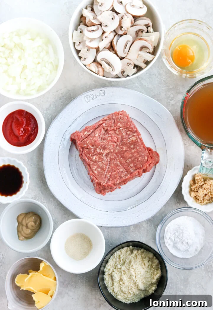 Grandma's Comfort Salisbury Steak with Savory Mushroom Gravy 3 Ingredients laid out for making healthy Salisbury steak patties