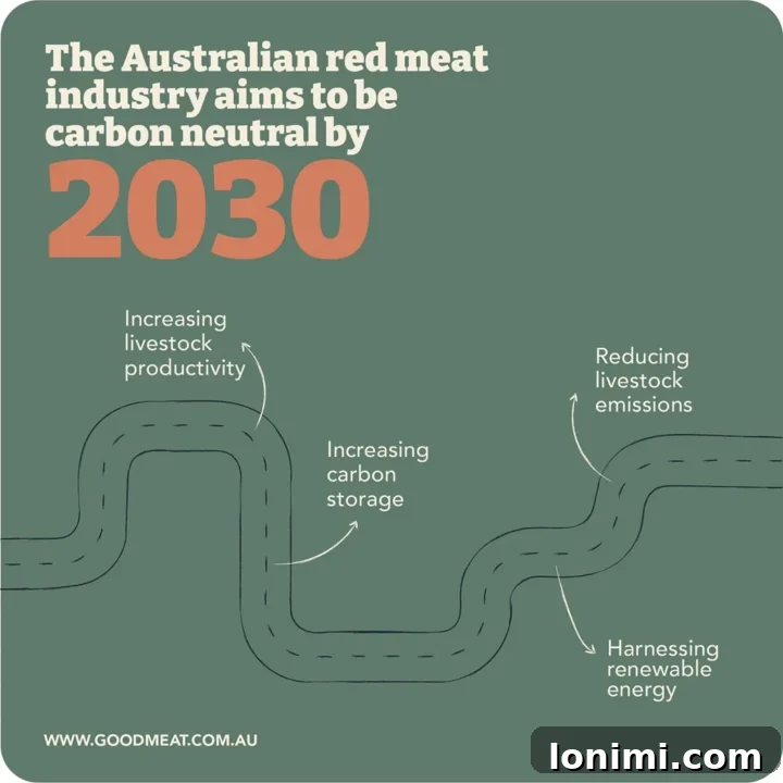 Grandma's Comfort Salisbury Steak with Savory Mushroom Gravy 10 Infographic showing Australian red meat industry goals for carbon neutrality by 2030