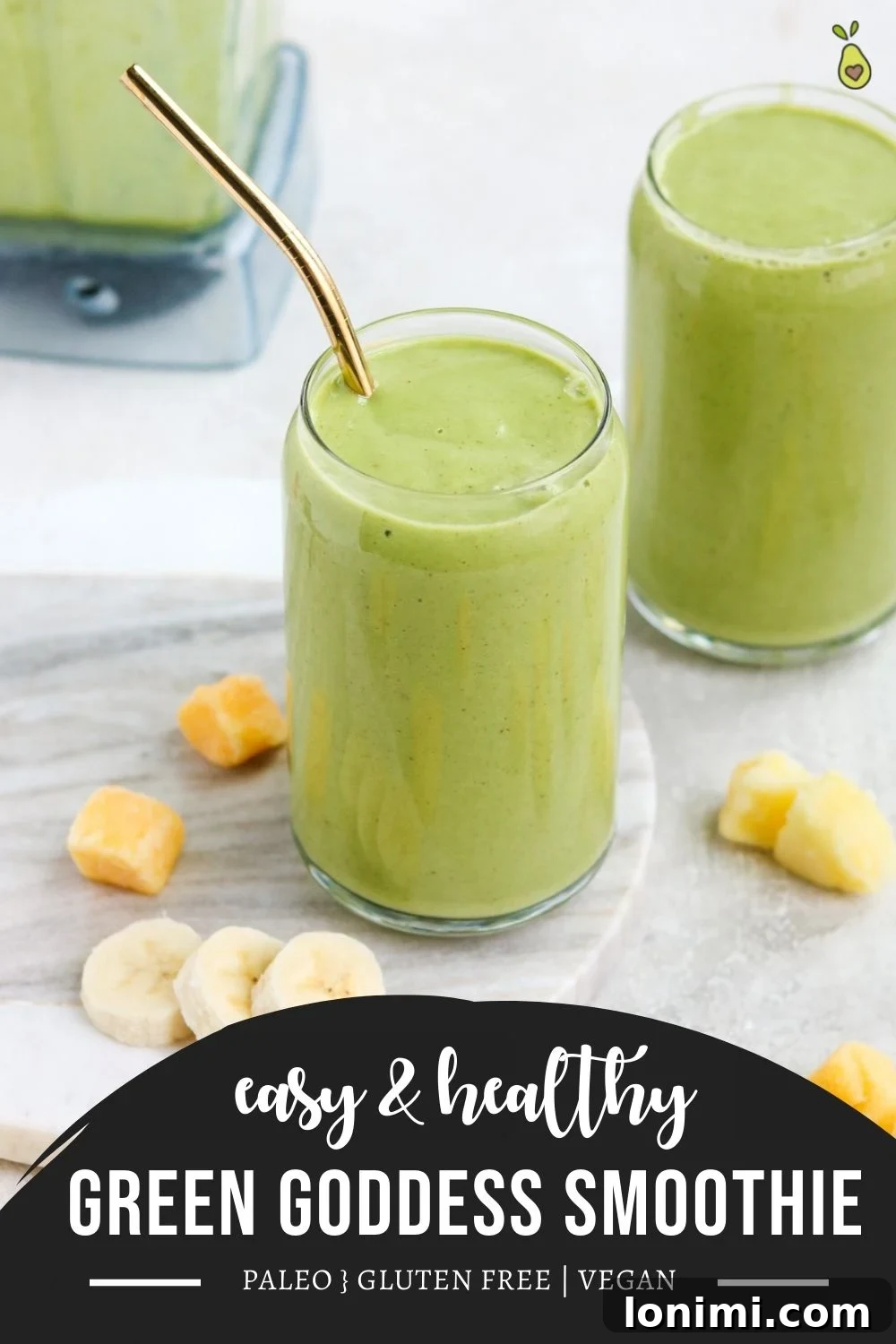 Long pin image for Pinterest featuring a Green Goddess Smoothie recipe with tropical fruits and spinach, perfect for a healthy breakfast.