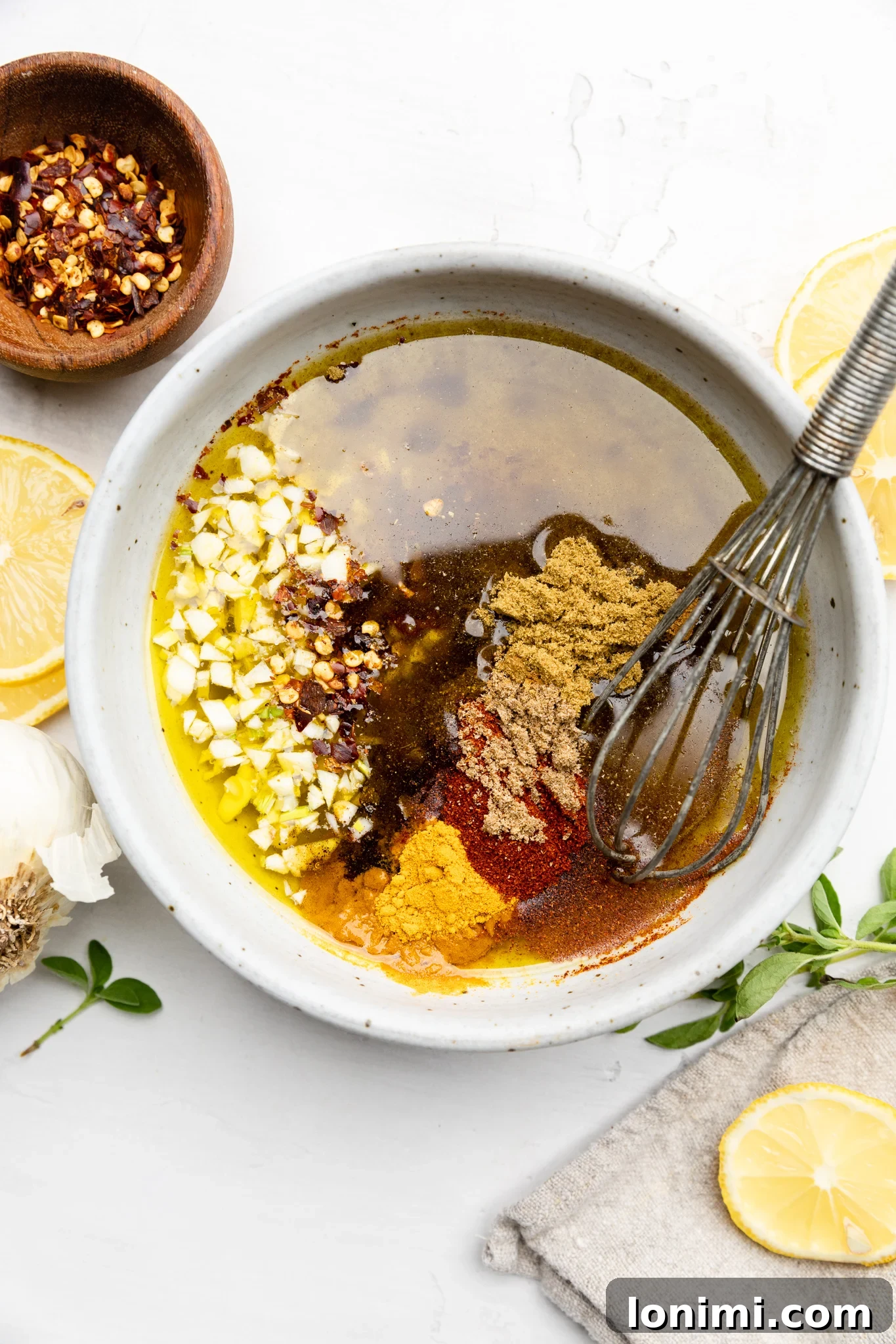 A bowl filled with the fresh ingredients needed to prepare a homemade lemon garlic tahini sauce, showcasing its creamy potential.