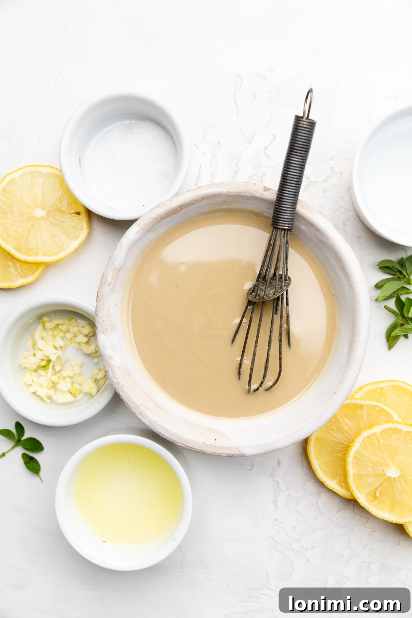 A beautifully smooth and creamy tahini sauce presented in a white bowl, accompanied by a whisk, highlighting its perfect texture.