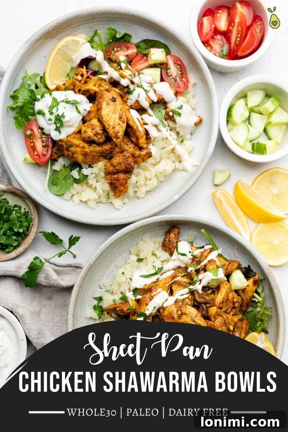 A tall Pinterest-friendly image showcasing the tantalizing chicken shawarma bowls, designed for easy saving and sharing.