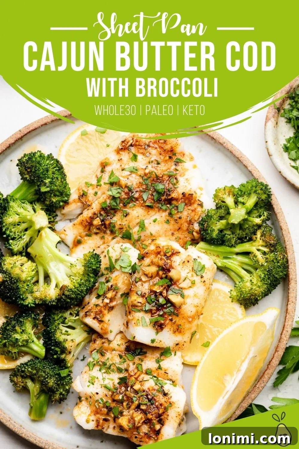 Pinterest tall pin of Sheet Pan Cajun Cod & Broccoli, highlighting the easy and healthy meal