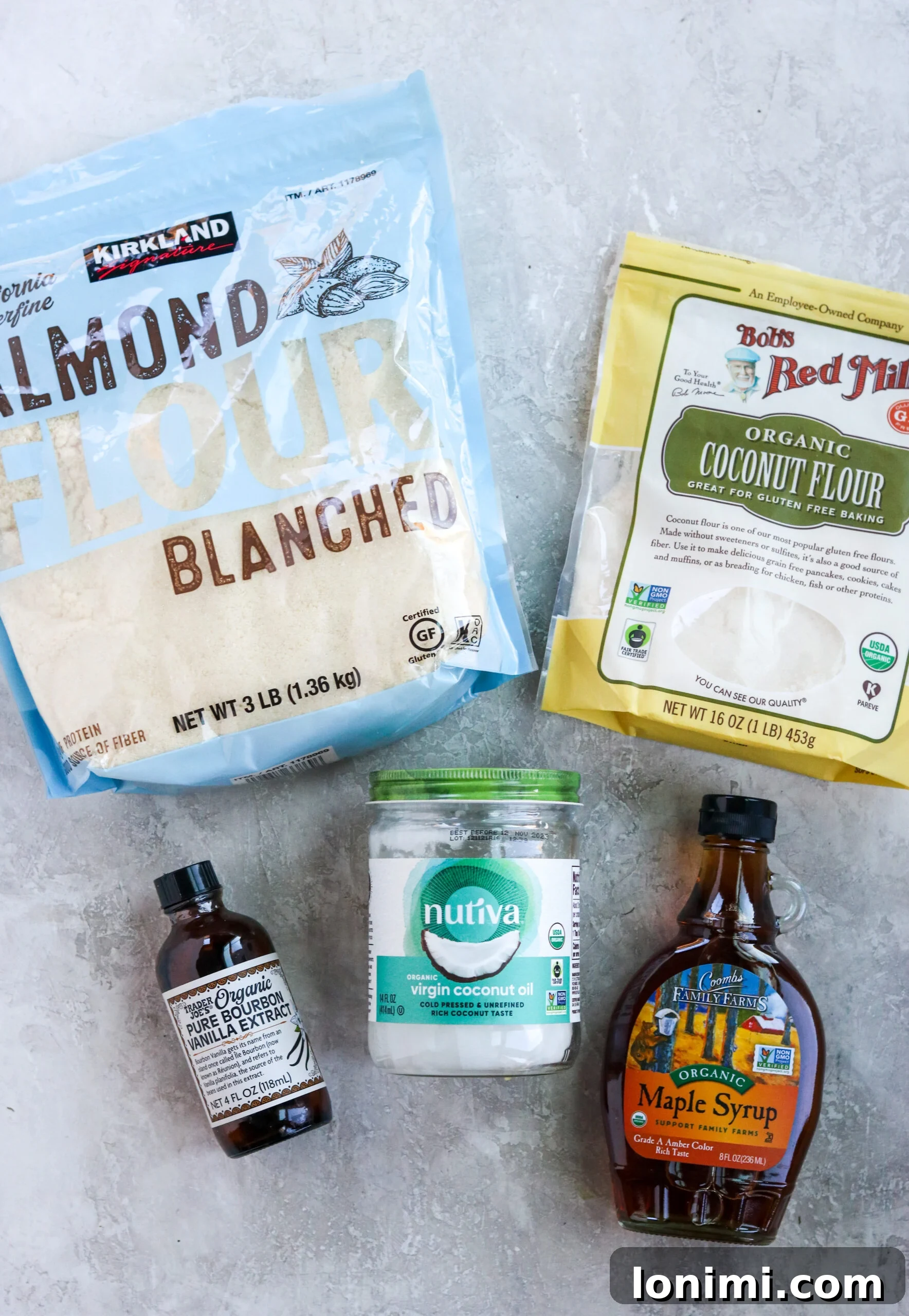 Ingredients for vegan cookie crust: Almond flour, coconut flour, vanilla, coconut oil, and maple syrup
