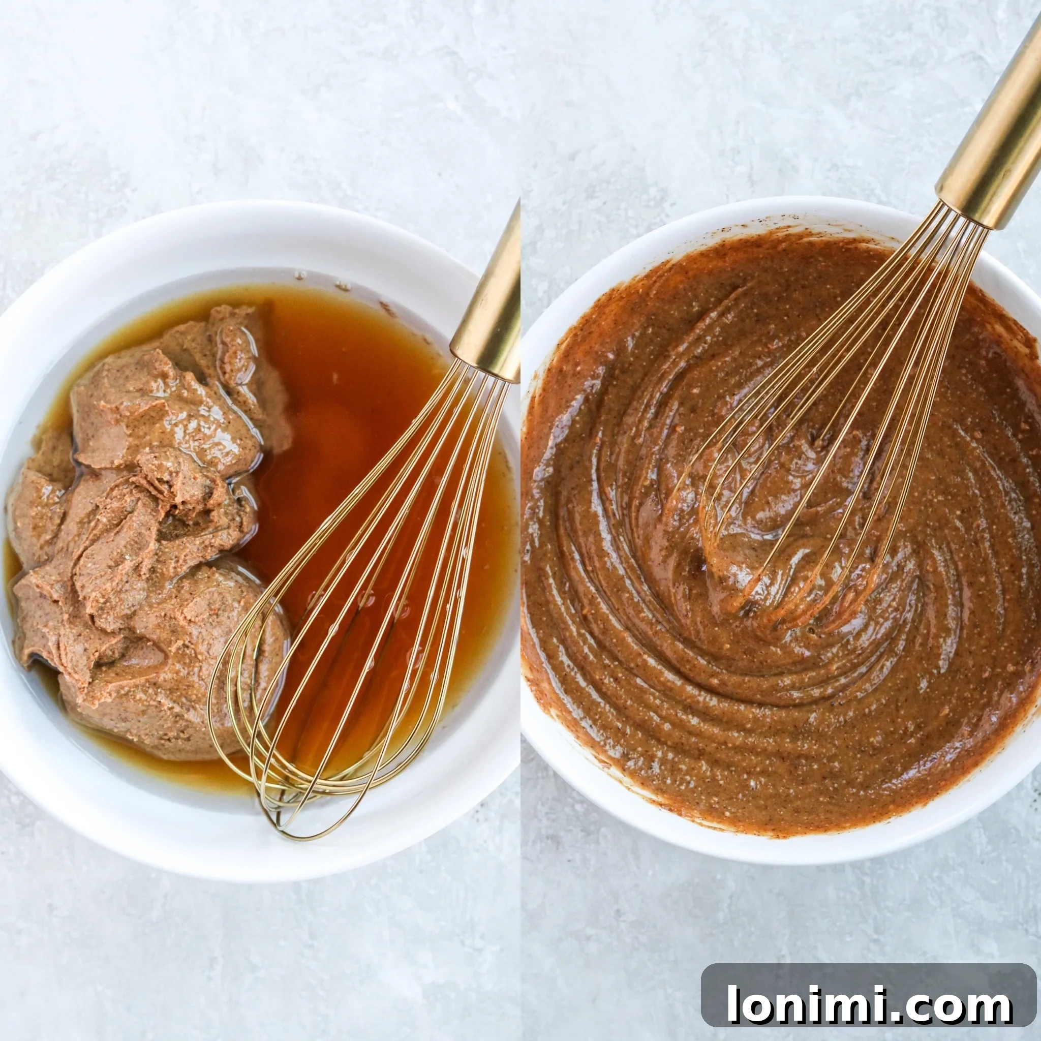 Steps to make vegan peanut butter caramel. Unmixed and mixed with a whisk