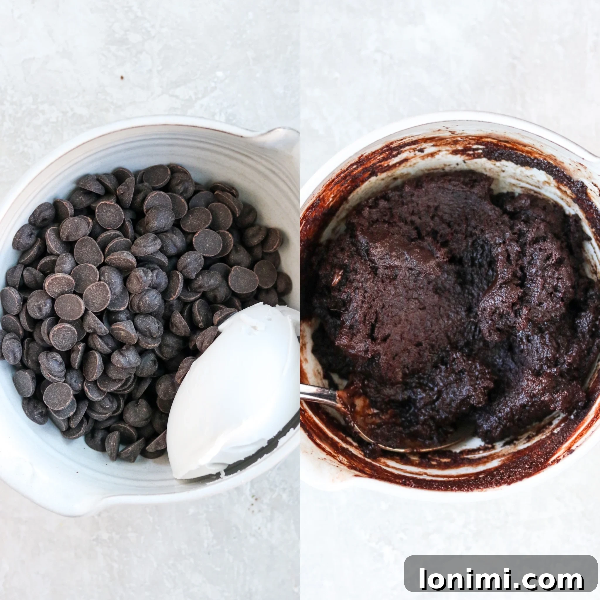 Steps to make dairy free chocolate ganache: chocolate chips and coconut milk in a bowl. Mixed and unmixed