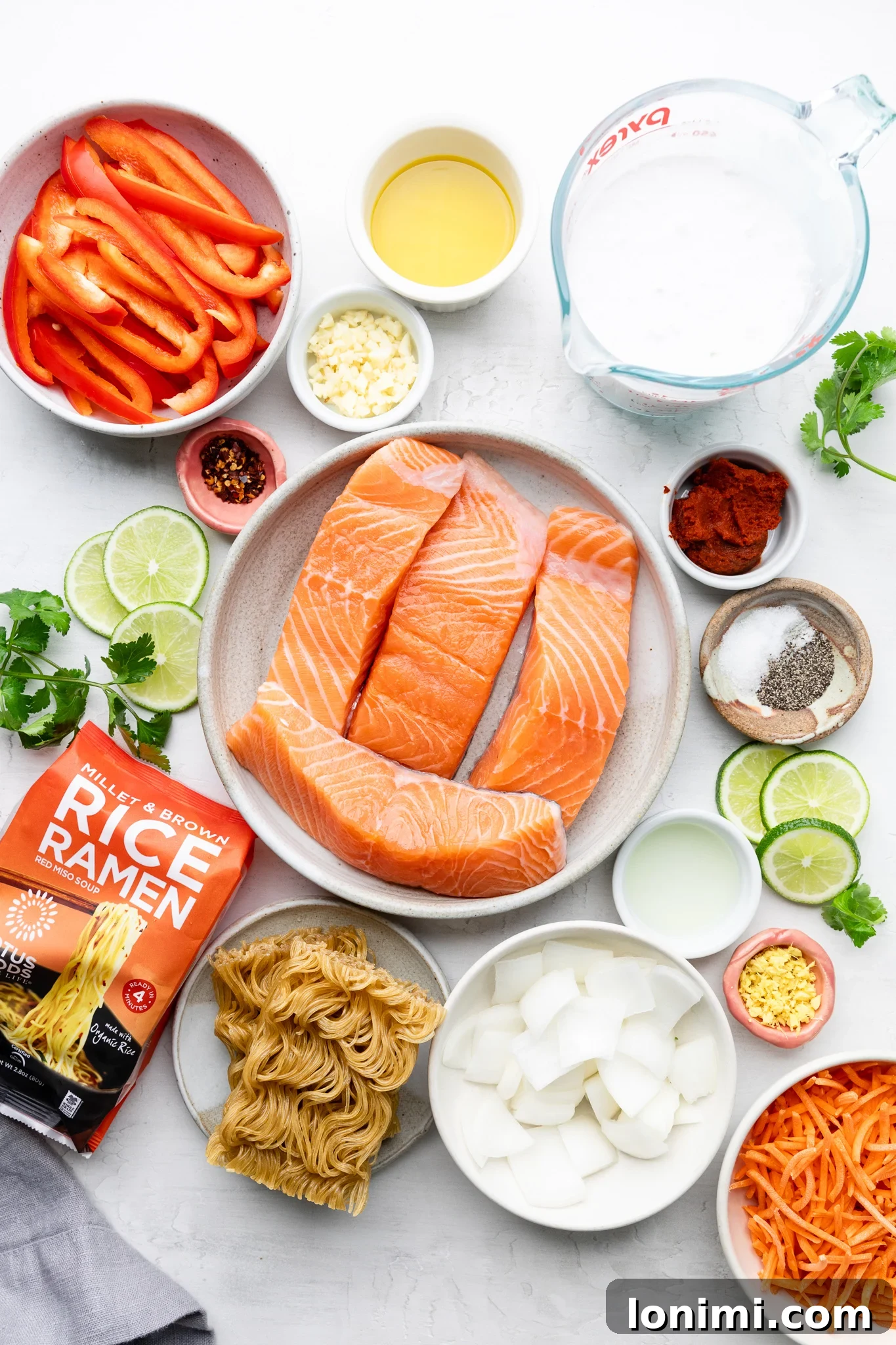 Ingredients laid out for gluten free ramen preparation