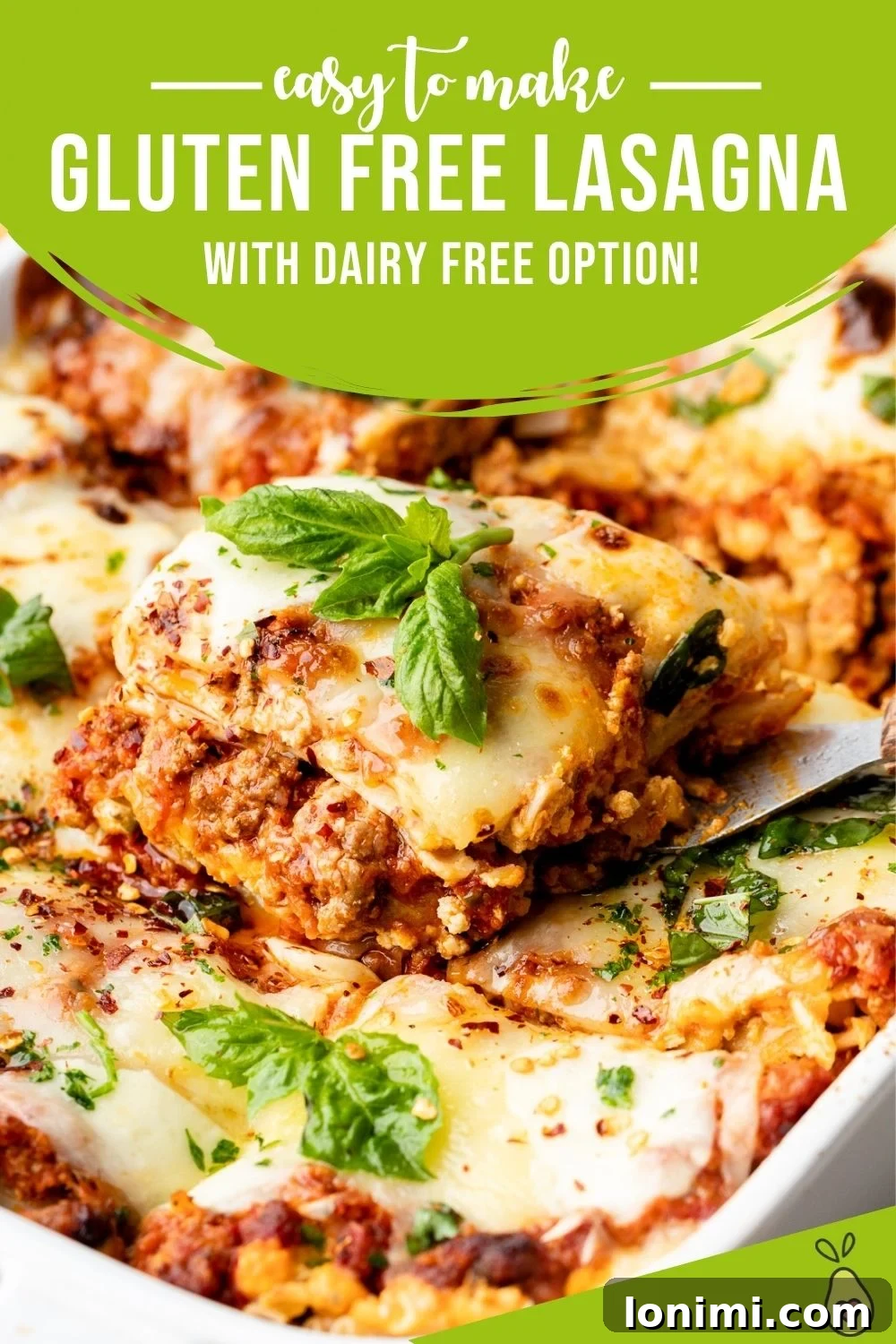 Effortless Allergen-Friendly Lasagna 9 A long, vertical image of a slice of gluten-free lasagna, perfect for Pinterest sharing, highlighting the layers and golden cheese