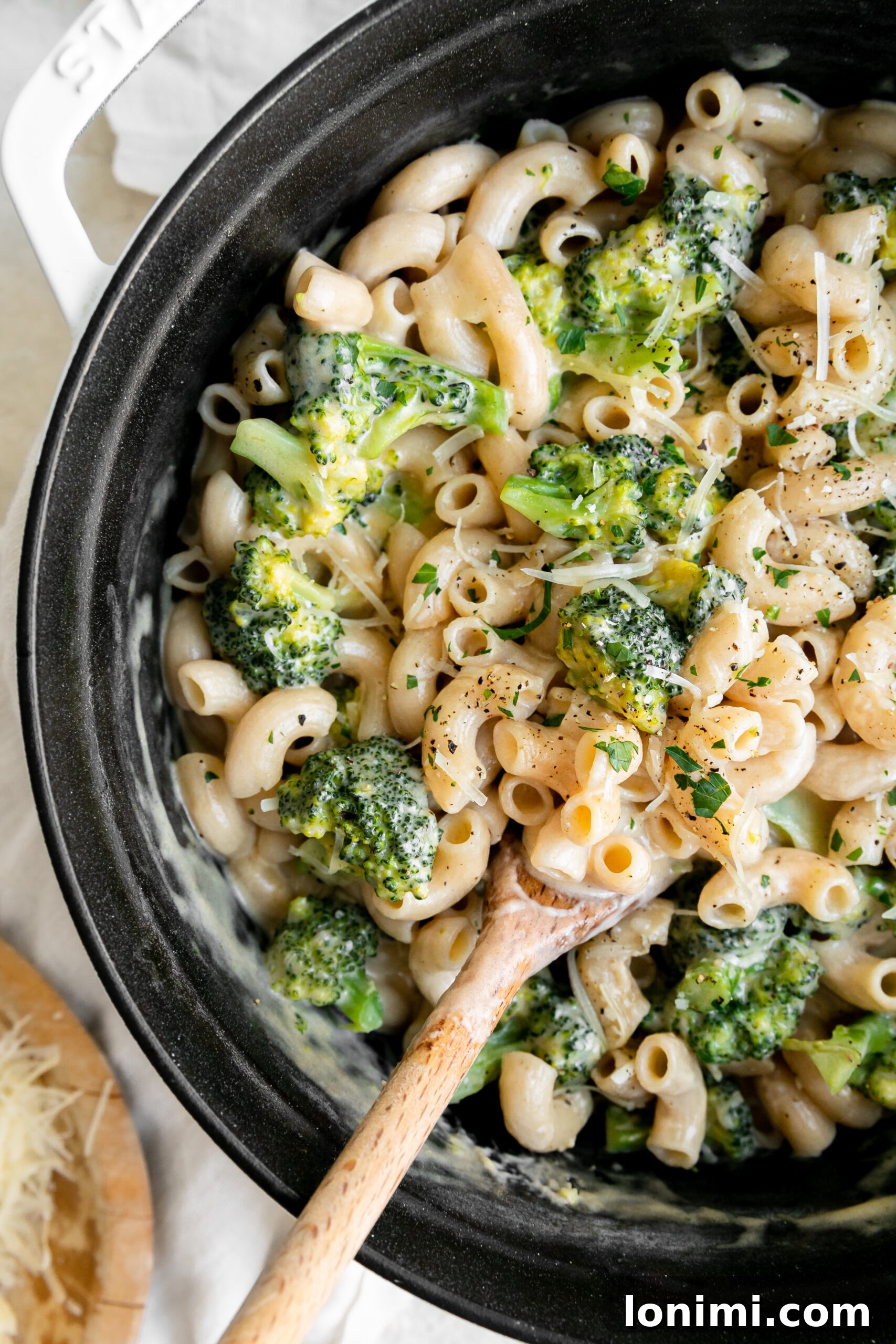 dutch oven mac and cheese mixed in a black pot