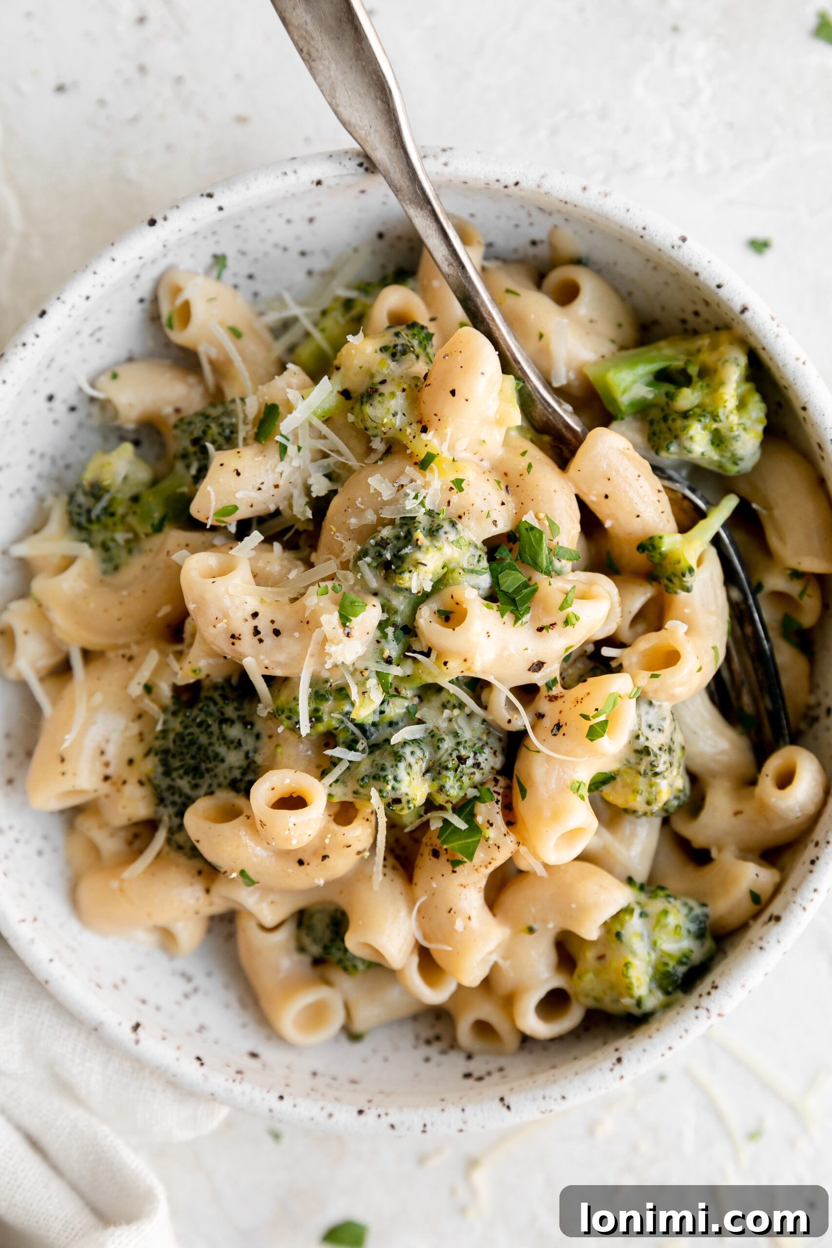 a closeup of a bowl of mac and cheese with broccoli