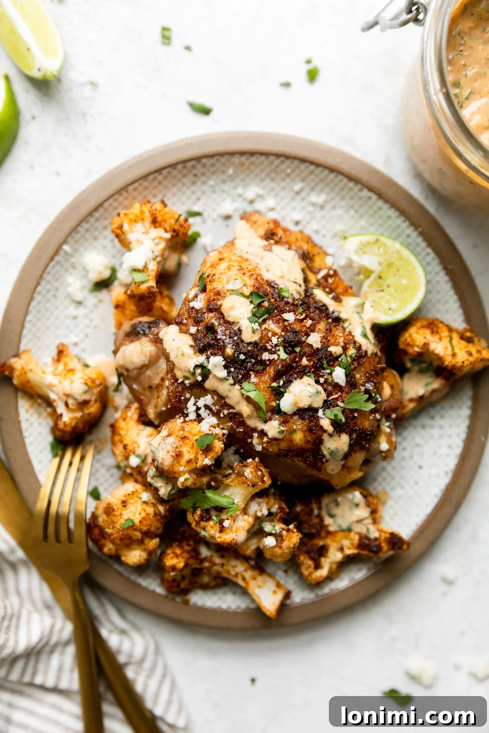 Sheet Pan Fiesta Bowls with Chicken and Roasted Cauliflower 7 an overhead view of chicken thighs and roasted cauliflower topped with cilantro on a plate next to a bowl of sauce and lime wedges with a white background