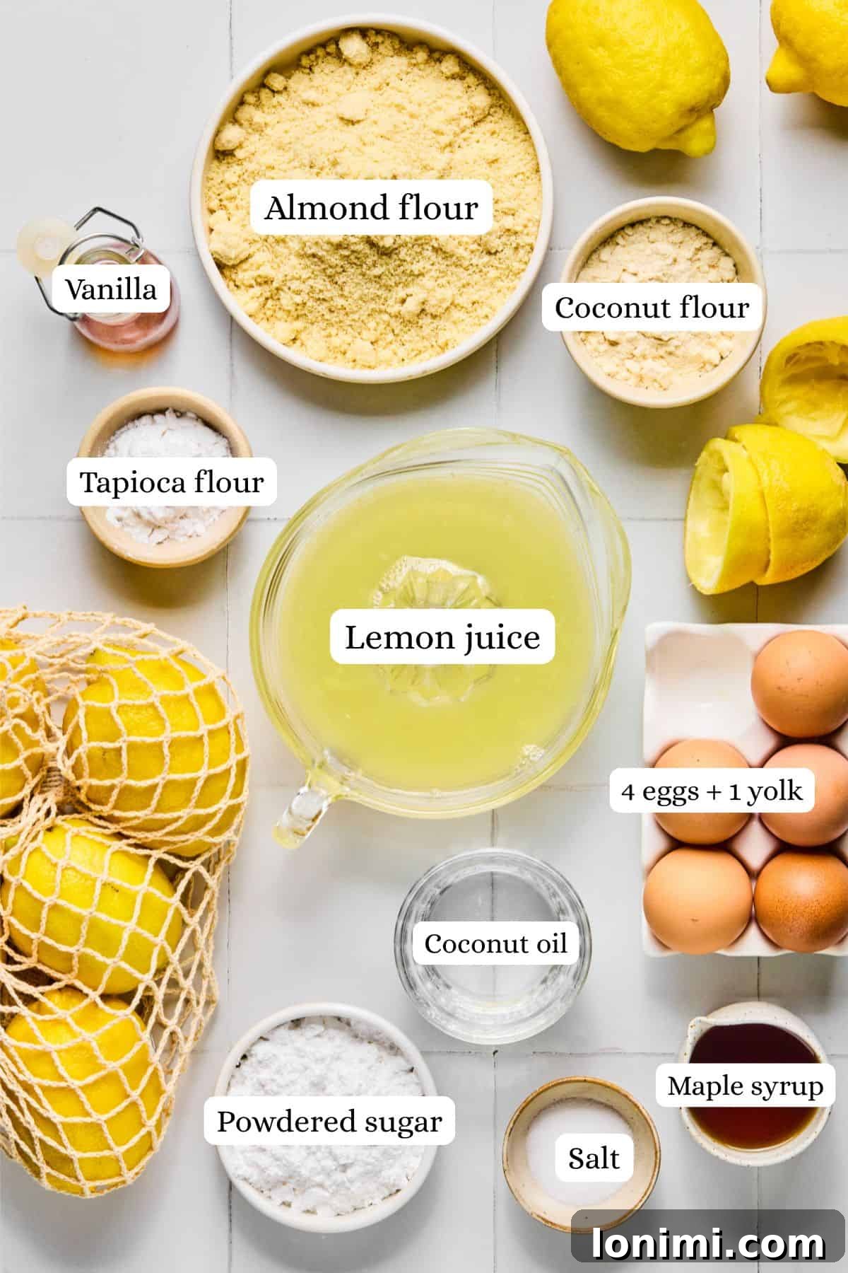 ingredients for paleo lemon bars in nesting bowls